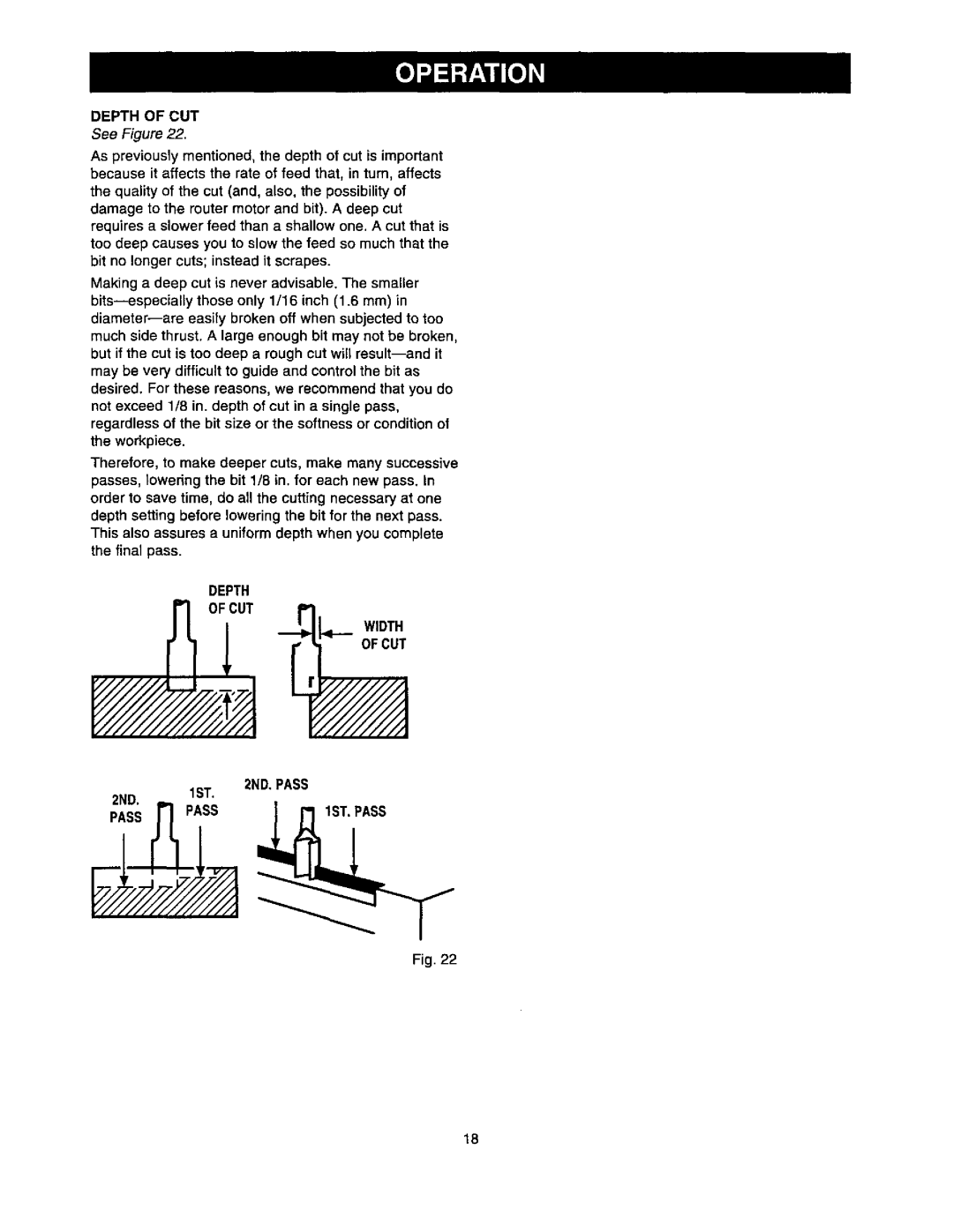 Craftsman 315.175341 operating instructions Depth of CUT, 2ND 1ST, Pass 