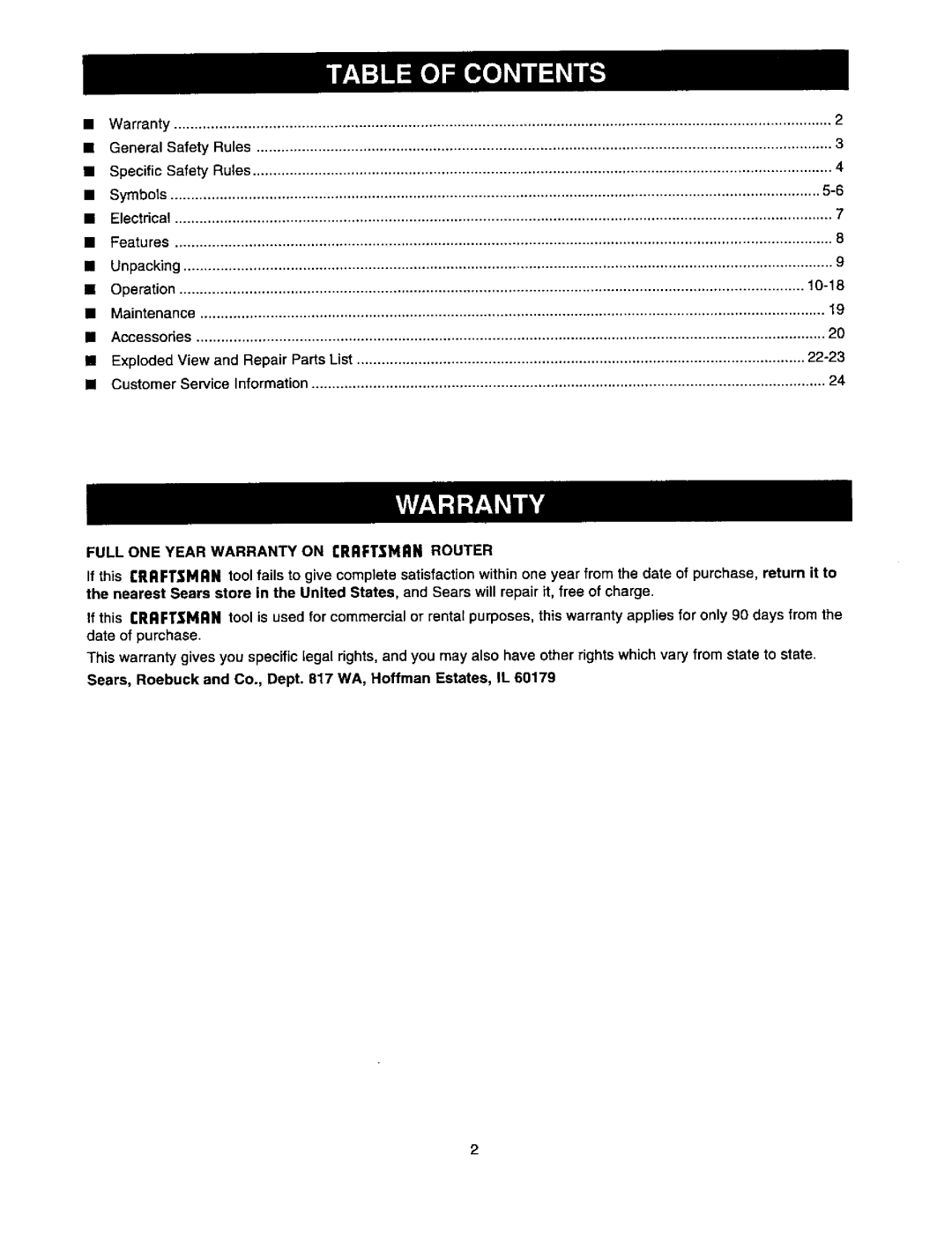 Craftsman 315.175341 operating instructions Full ONE Year Warranty on CRRFT$1vlRH Router 