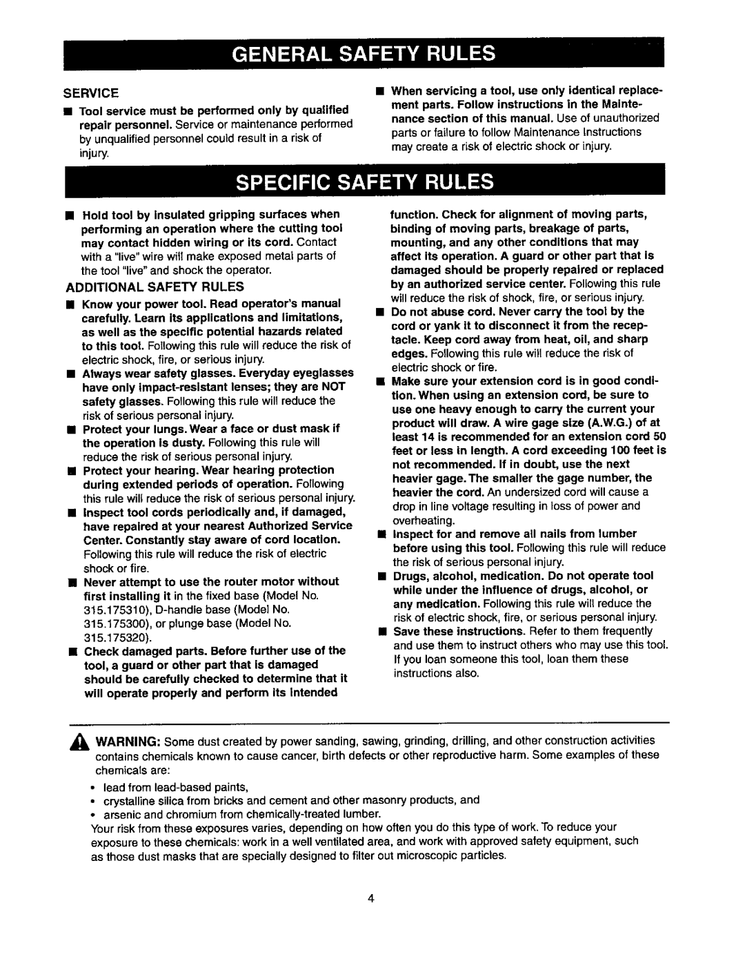 Craftsman 315.175341 Service, When servicing a tool, use only identical replace, Additional Safety Rules 