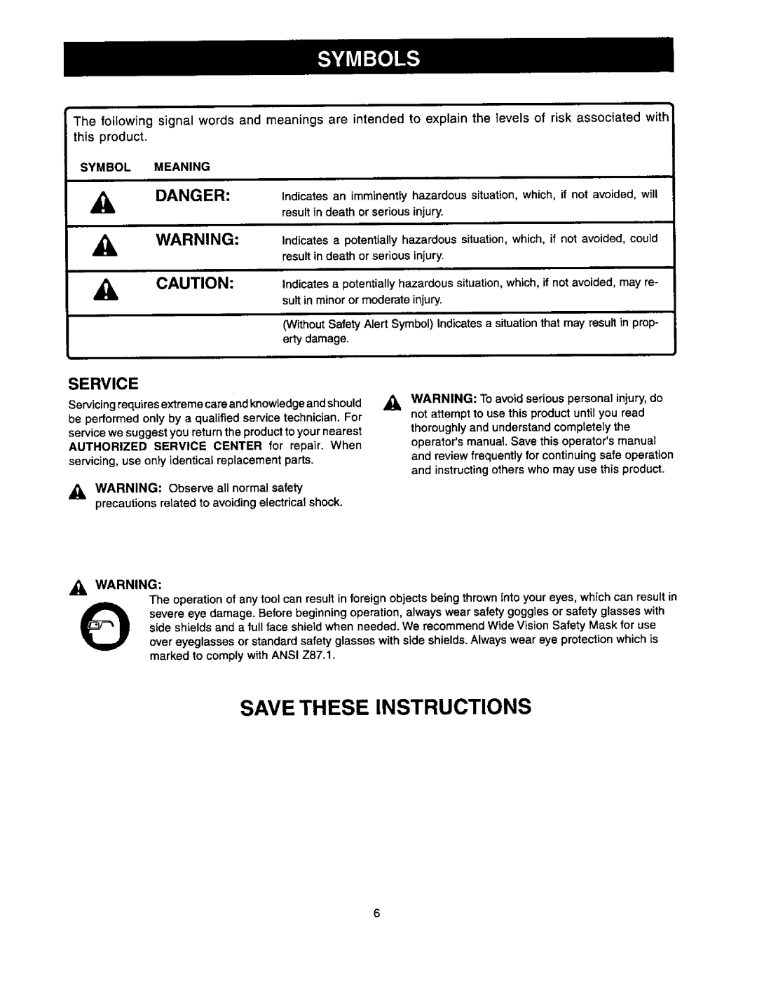 Craftsman 315.175341 operating instructions Service, Symbol Meaning 