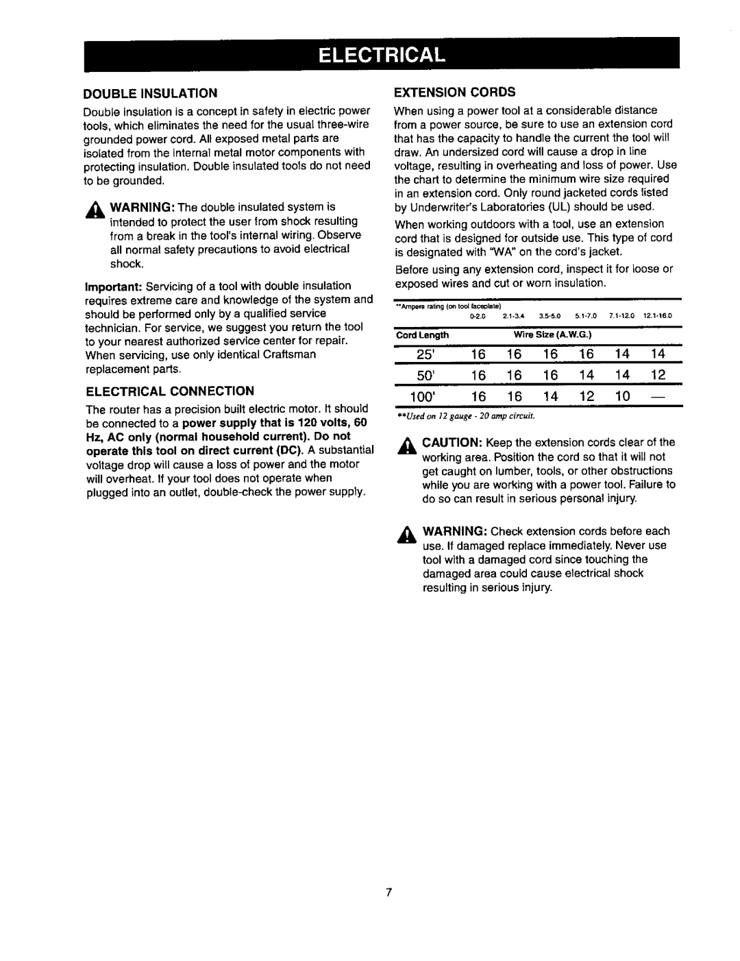 Craftsman 315.175341 operating instructions Double Insulation, Electrical Connection, Extension Cords, 100 