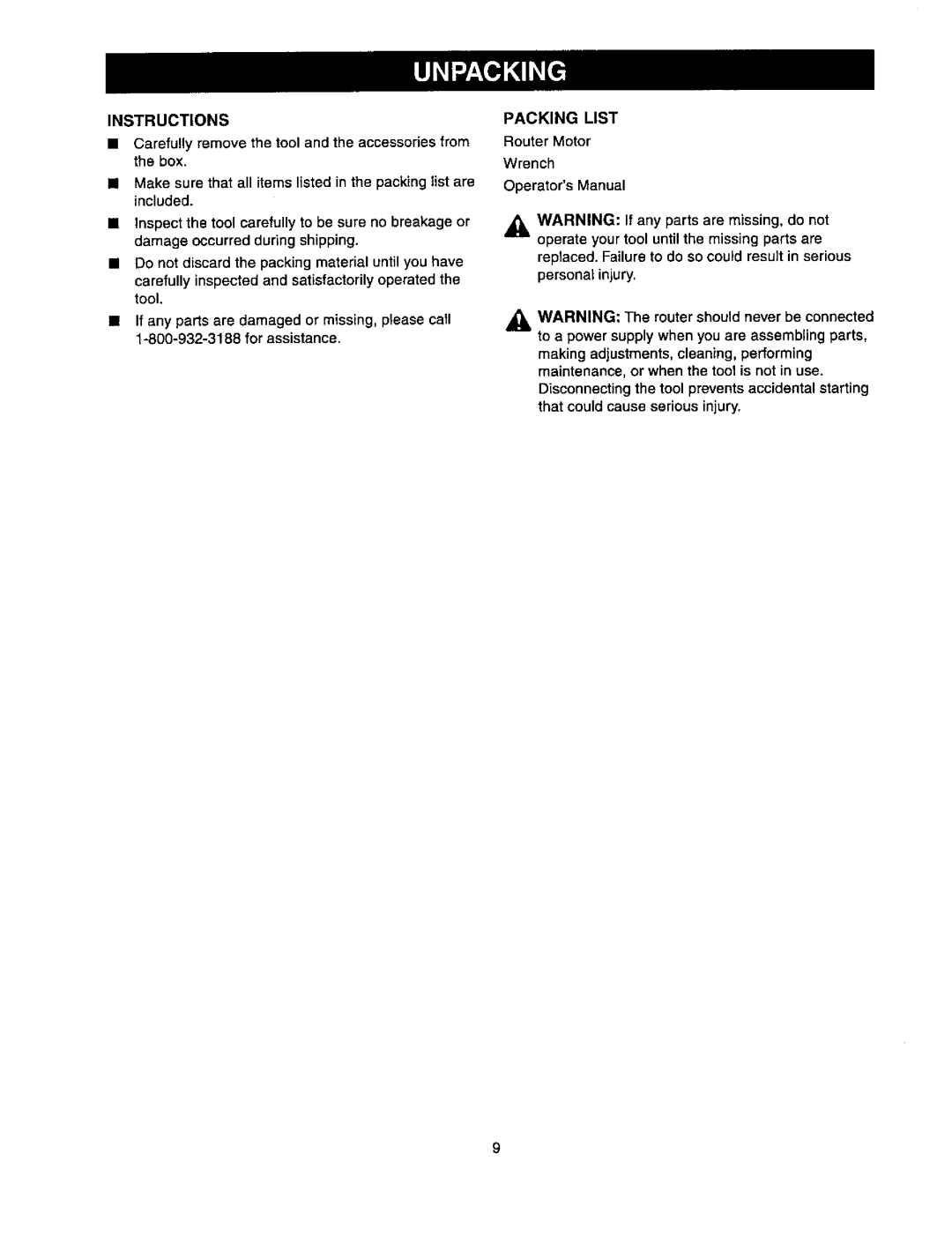 Craftsman 315.175341 operating instructions Carefully remove the tool and the accessoriesfrom the box, Packing List 