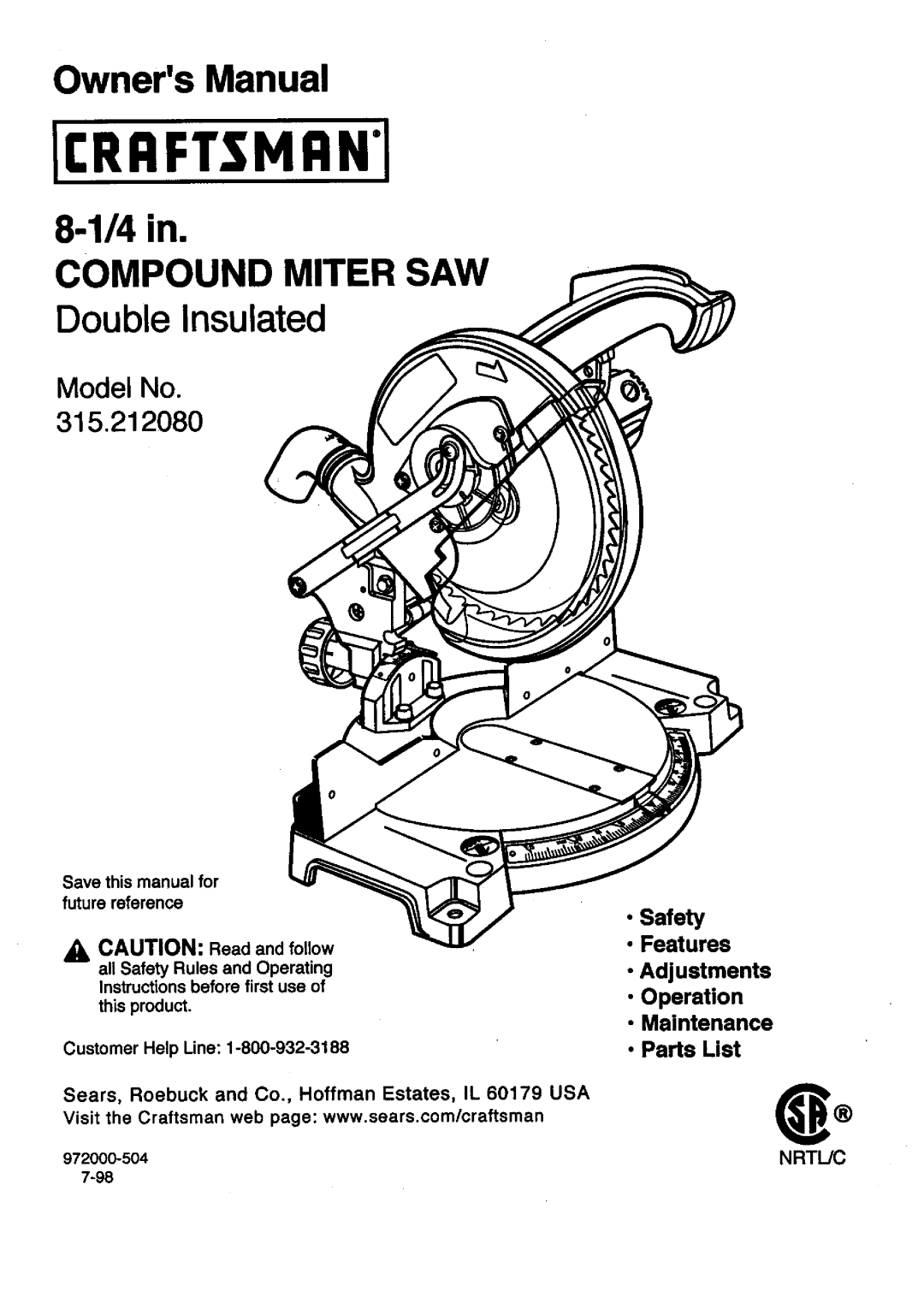 Craftsman 315.21208 owner manual OwnersManual, Nrtl/C 