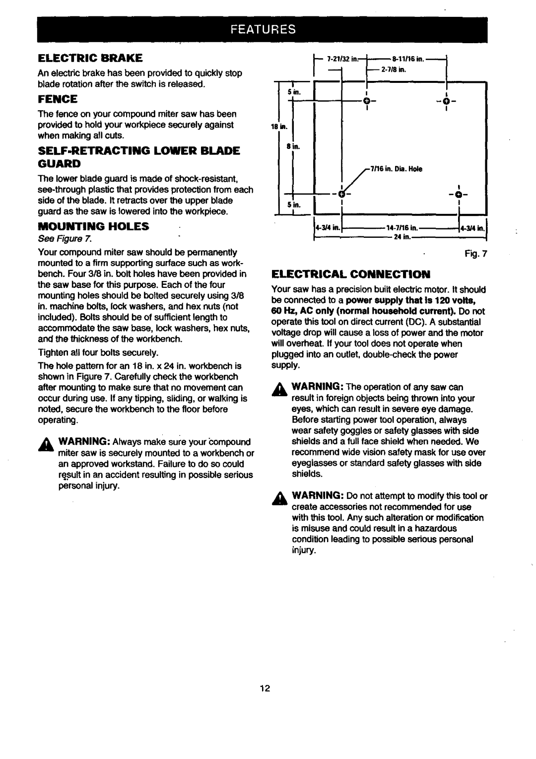 Craftsman 315.21208 owner manual Fence, Electrical Connection, Mounting Holes 