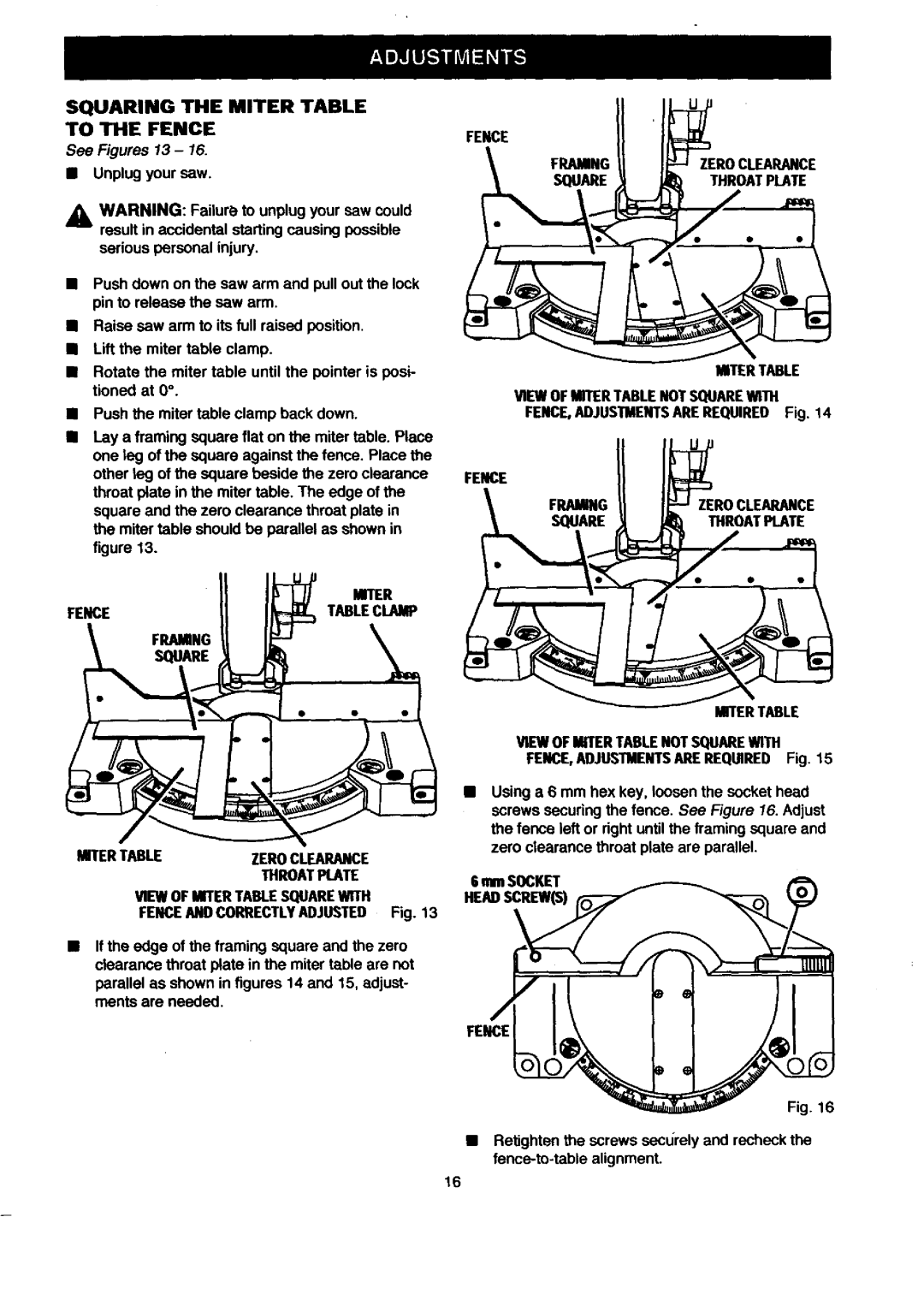 Craftsman 315.21208 Squaring the Miter Table to the Fence, See Figures 13, Fence Framingzeroclearance Squarethroatplate 