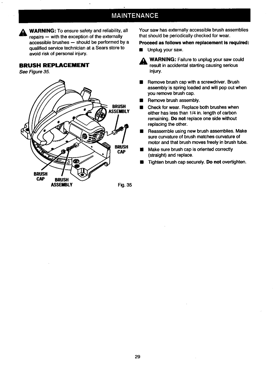 Craftsman 315.21208 owner manual Brush Replacement, Brush Assembly CAP 