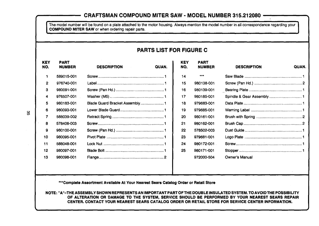 Craftsman 315.21208 owner manual Craftsman Compound Miter SAW Model Number, KEY Part Description Quan Number 