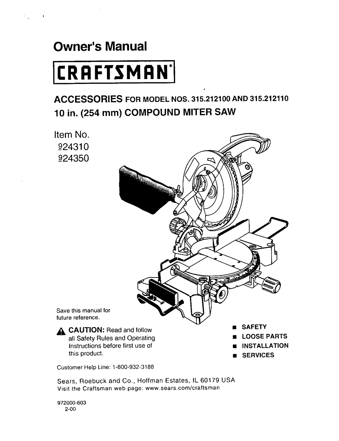 Craftsman 315.2121 owner manual Ierrftsmrni, Safety Loose Parts Installation Services 