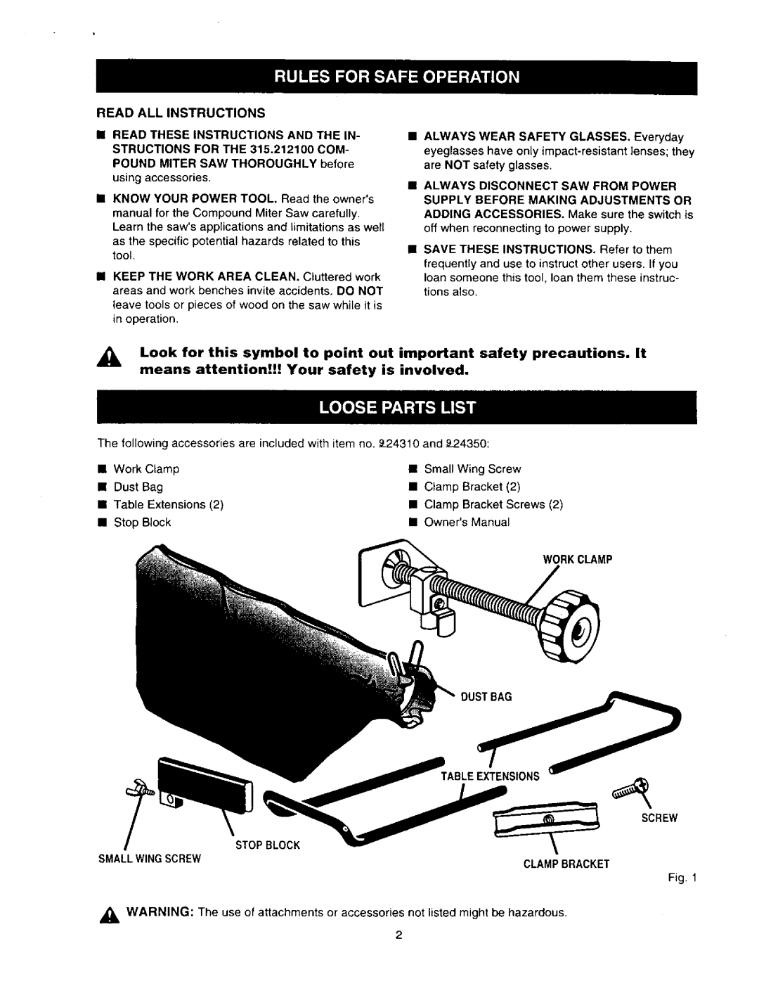 Craftsman 315.2121 owner manual Read ALL Instructions, Workclamp Extensions, Stopblock 