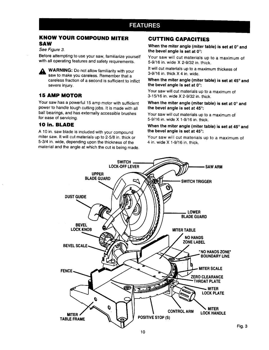 Craftsman 315.21211 owner manual Know Your Compound Miter SAW, AMP Motor, Cutting Capacities 