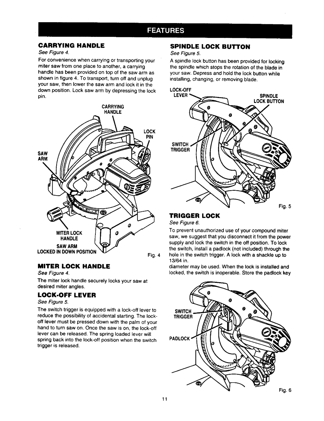 Craftsman 315.21211 owner manual Carrying Handle, Miter Lock Handle, LOCK-OFF Lever, Spindle Lock Button, Trigger Lock 