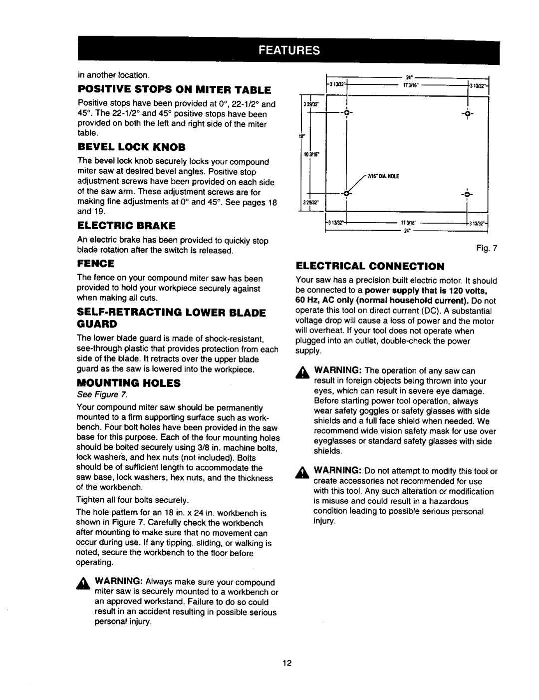 Craftsman 315.21211 Positive Stops on Miter Table, Bevel Lock Knob, Electric Brake, SELF-RETRACTING Lower Blade Guard 