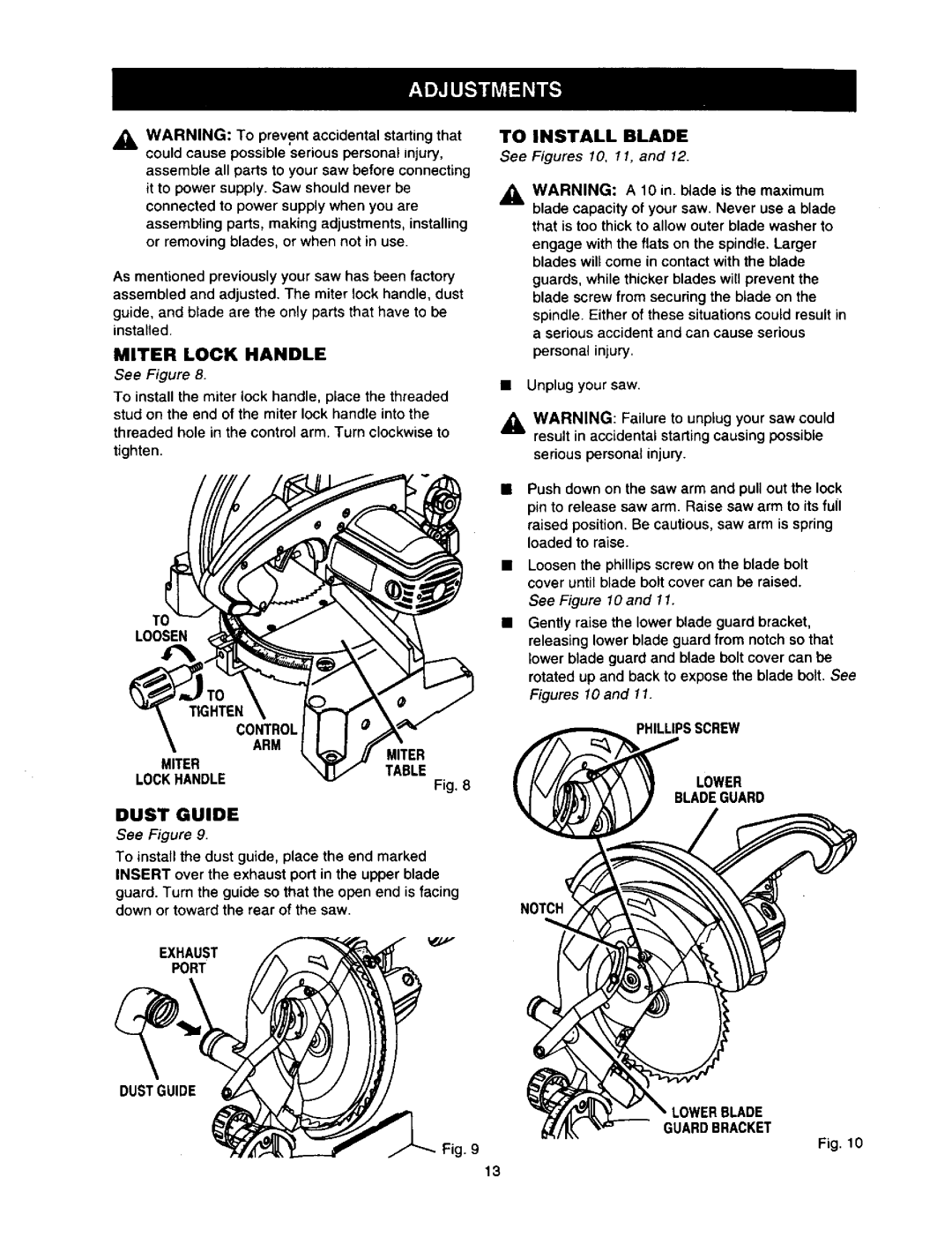 Craftsman 315.21211 owner manual Miter Lock Handle, Tighten Control ARM Miter Toinstall Blade 