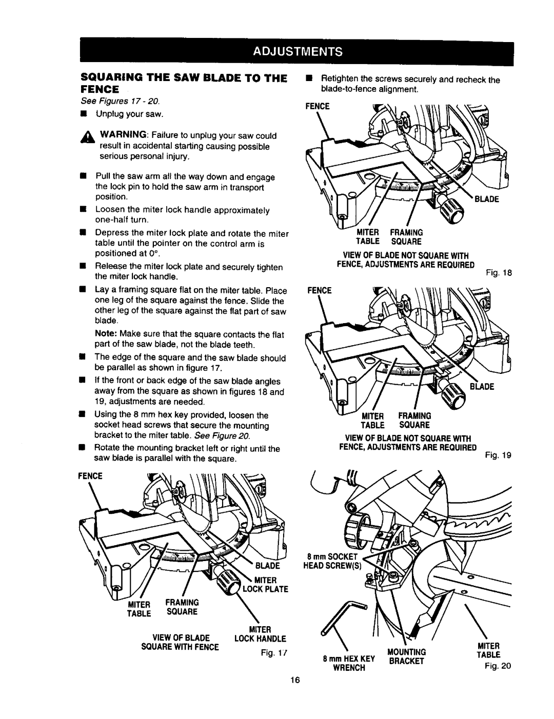 Craftsman 315.21211 owner manual Squaring the SAW Blade to the Fence, MmSOCKET, Headscrew Mounting Miter, Bracket Wrench 