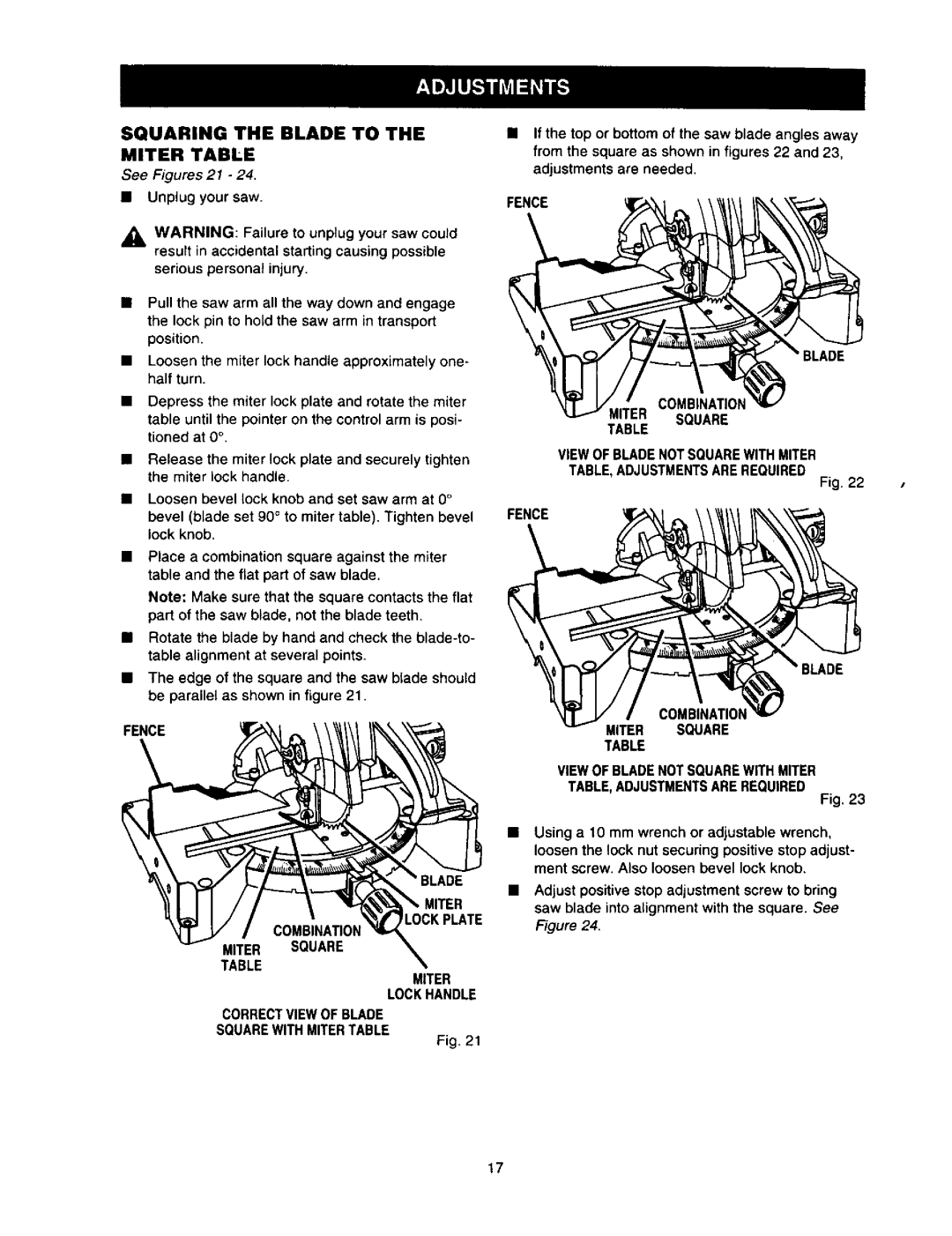 Craftsman 315.21211 Squaring the Blade to, Miter Table, Fence Combination Miter Square, Viewof BLADENOTSQUAREWiTHMITER 