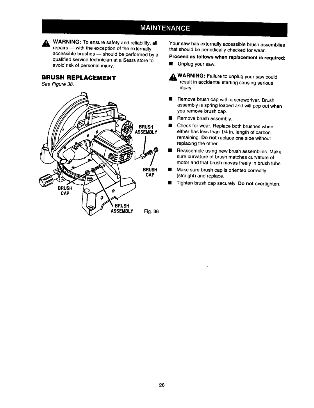 Craftsman 315.21211 owner manual Brush Replacement, Brush CAP, Assembly Fig 