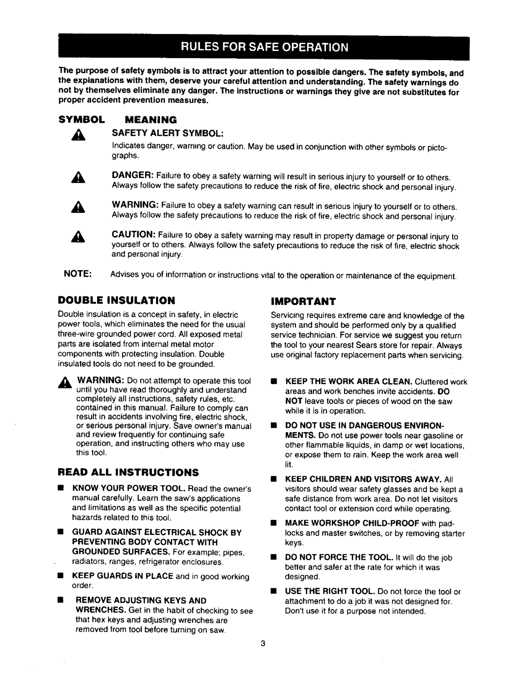 Craftsman 315.21211 owner manual Double Insulation, Symbolmeaning Safety Alert Symbol, Read ALL Instructions 