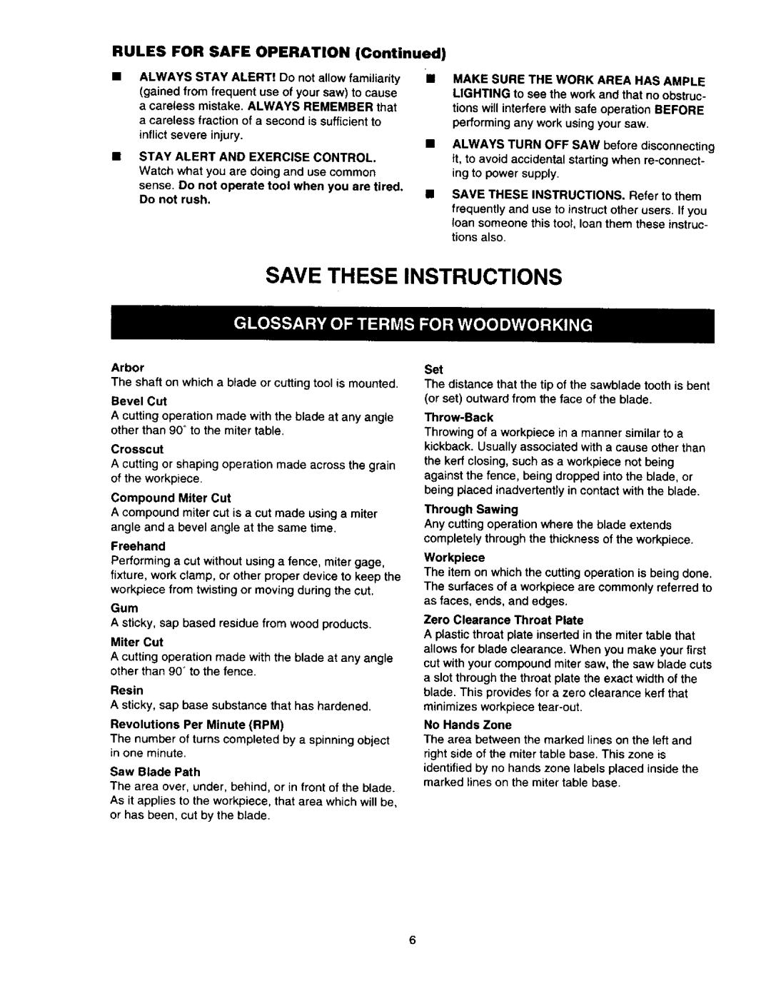 Craftsman 315.21211 owner manual Arbor, Throw-Back, Through Sawing 