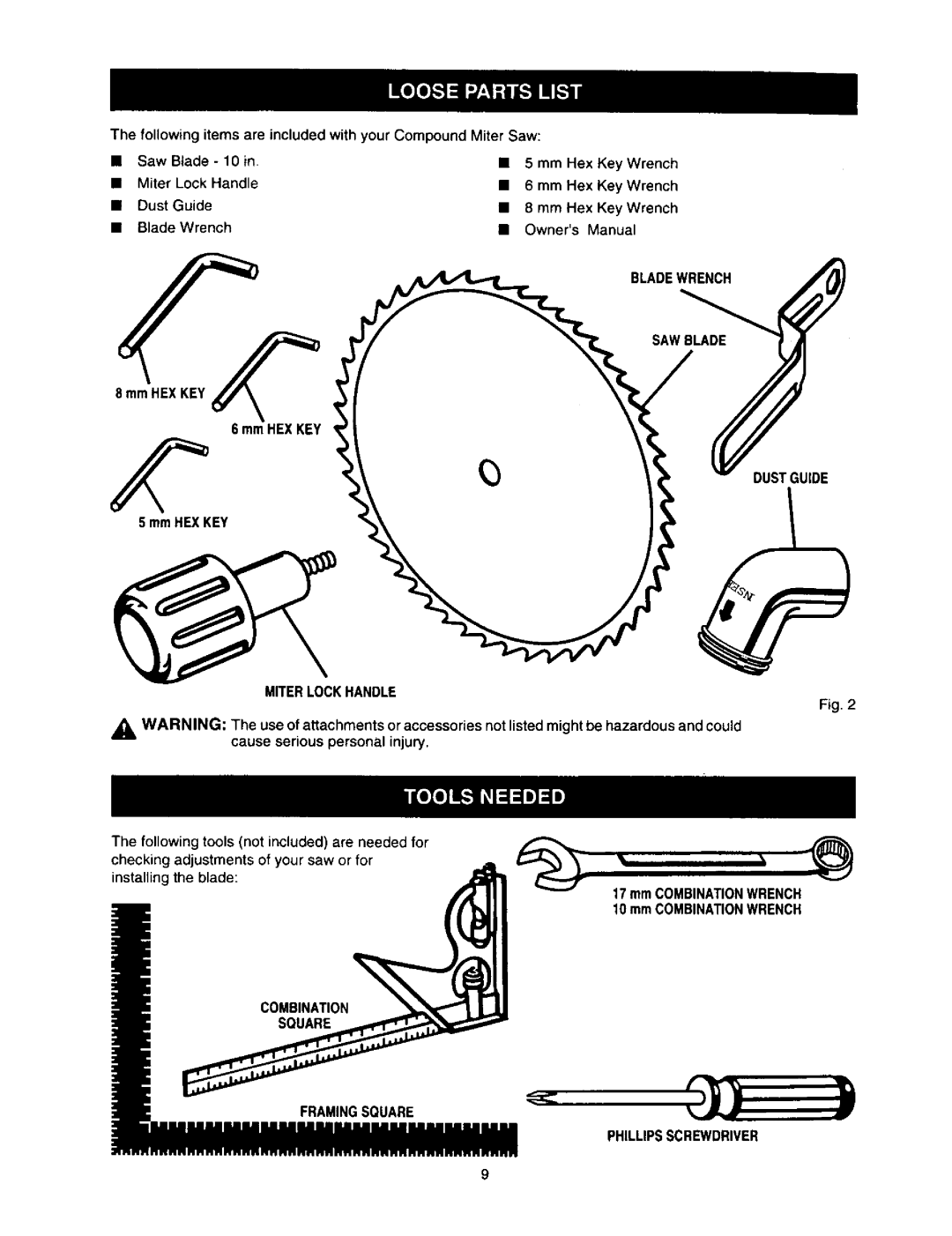 Craftsman 315.21211 owner manual Bladewrench, MmHEXKEY, Dustguide, Framingsquare 