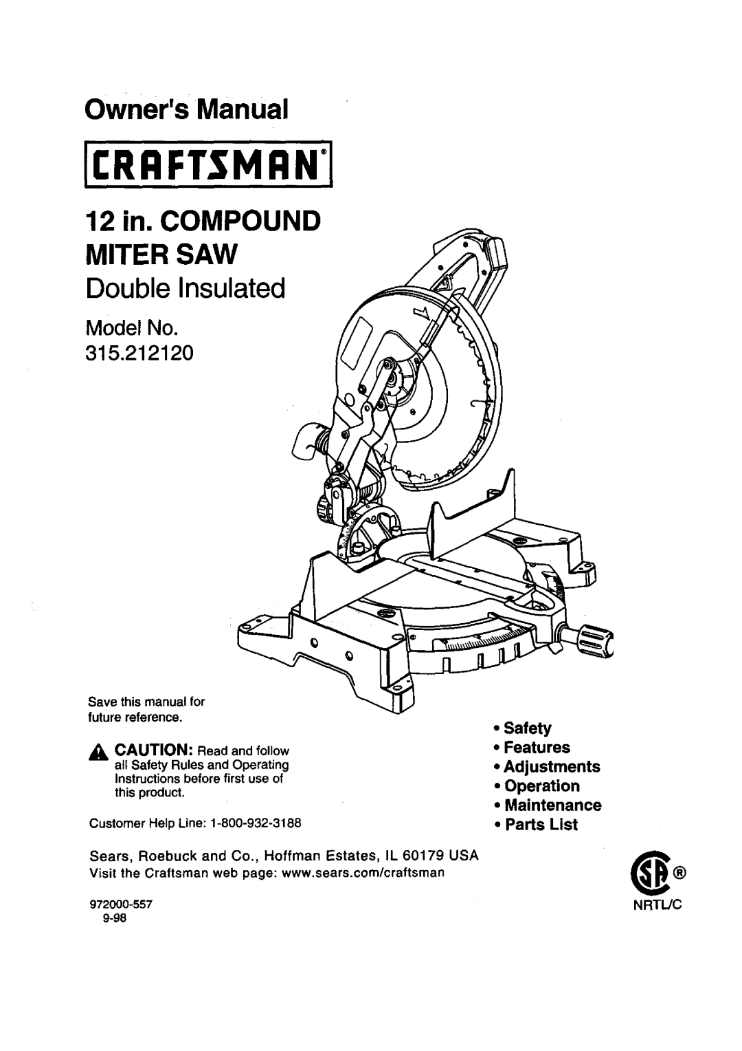 Craftsman 315.21212 owner manual 12 in. Compound Miter SAW Double Insulated 