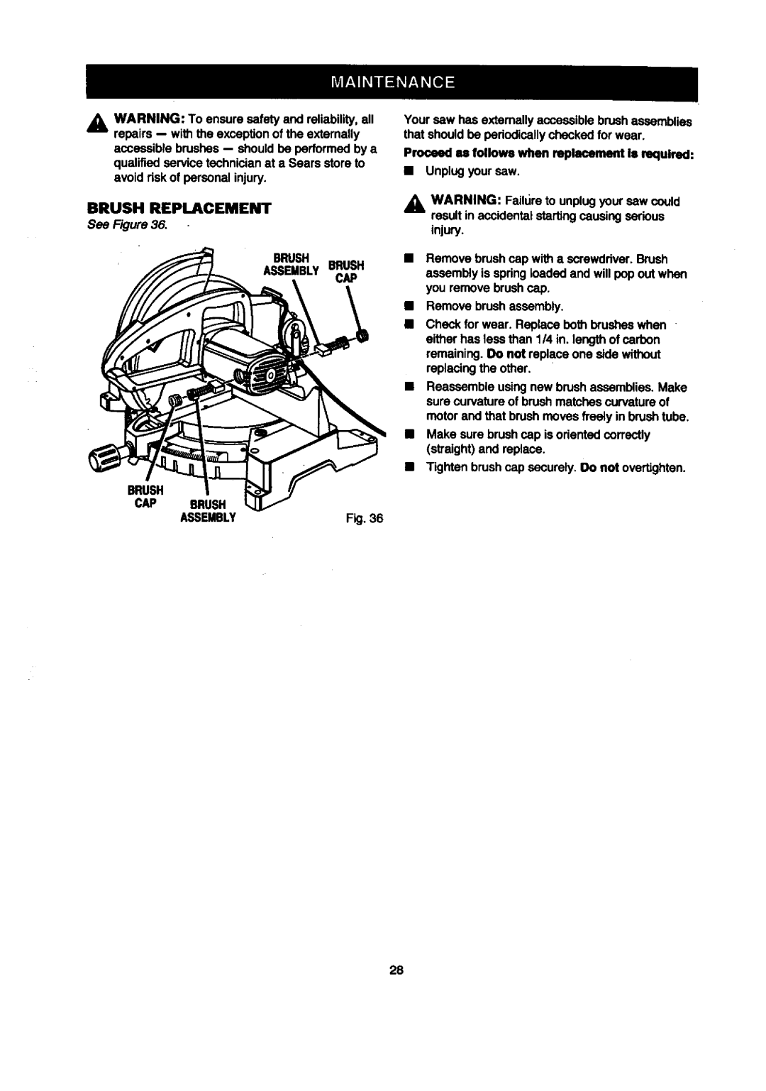 Craftsman 315.21212 owner manual Brush Replacement, Brush Assemblybrush CAP 