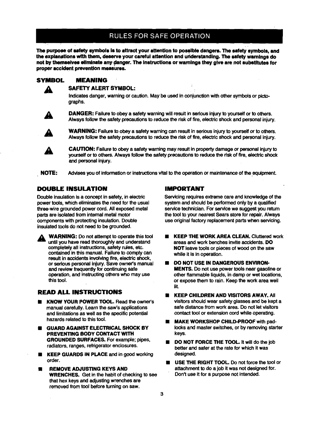 Craftsman 315.21212 owner manual Double Insulation, Symbol Meaning Safety Alert Symbol, Guard Against Electrical Shock by 