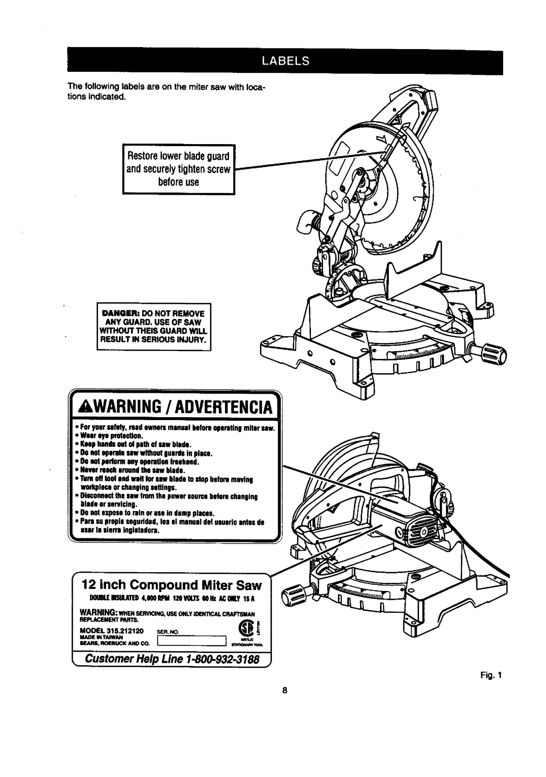 Craftsman 315.21212 owner manual TRNING/ Adverteni 