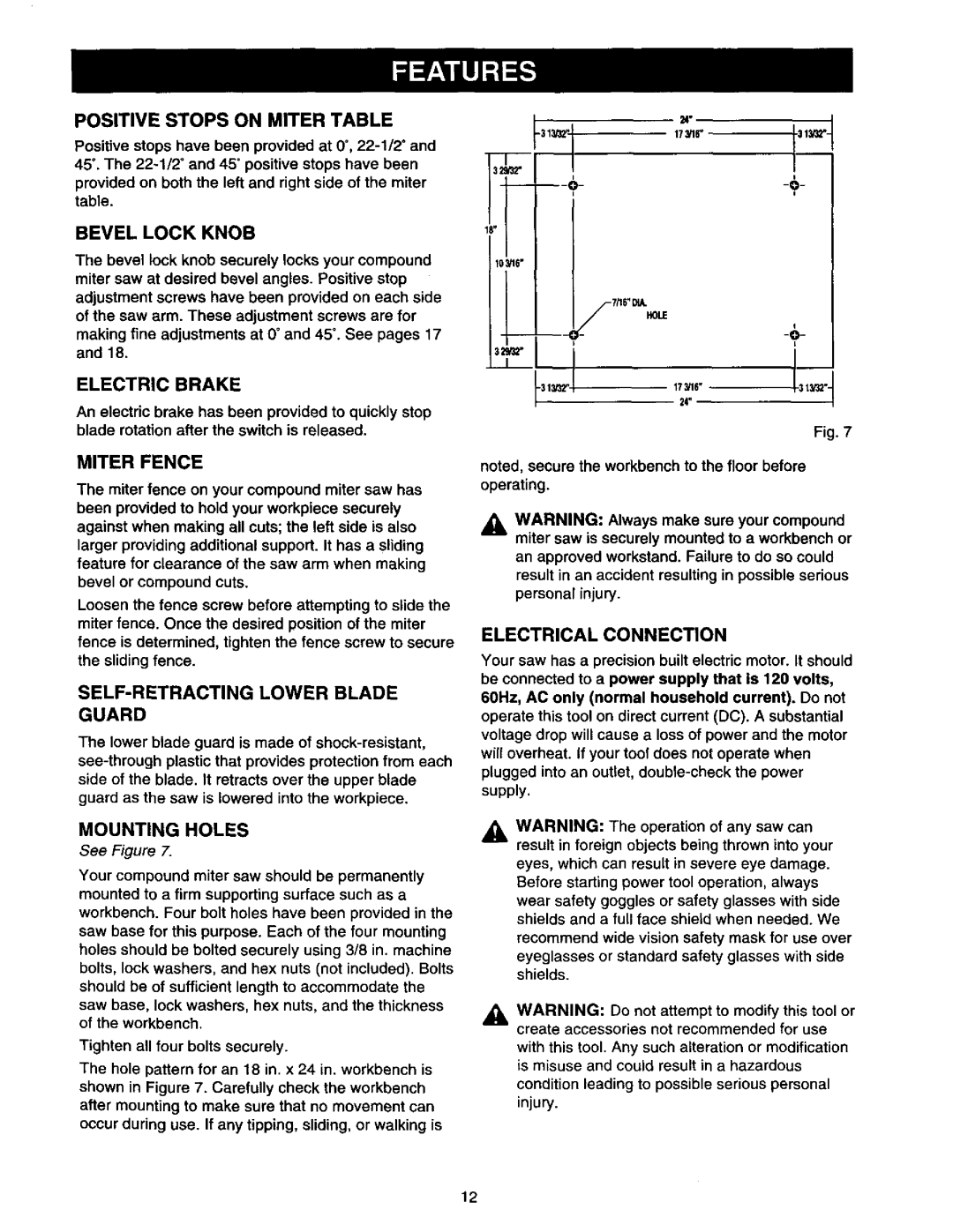 Craftsman 315.21213 manual Positive Stops on Miter Table, Bevel Lock Knob, Electric Brake, Miter Fence, Mounting Holes 