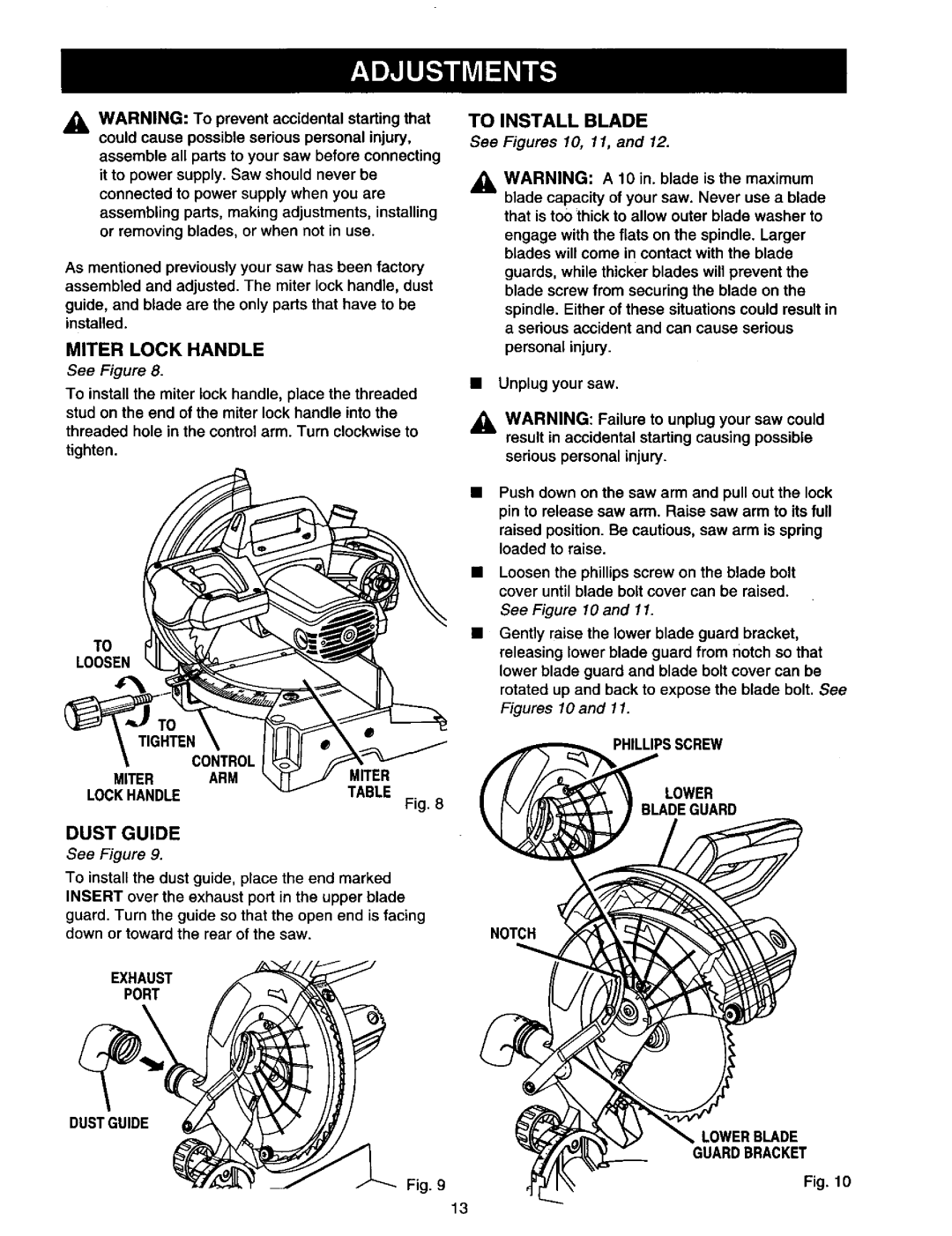 Craftsman 315.21213 manual Exhaust Port Dustguide To Install Blade, Serious personal injury, Phillipsscrew Lower Bladeguard 