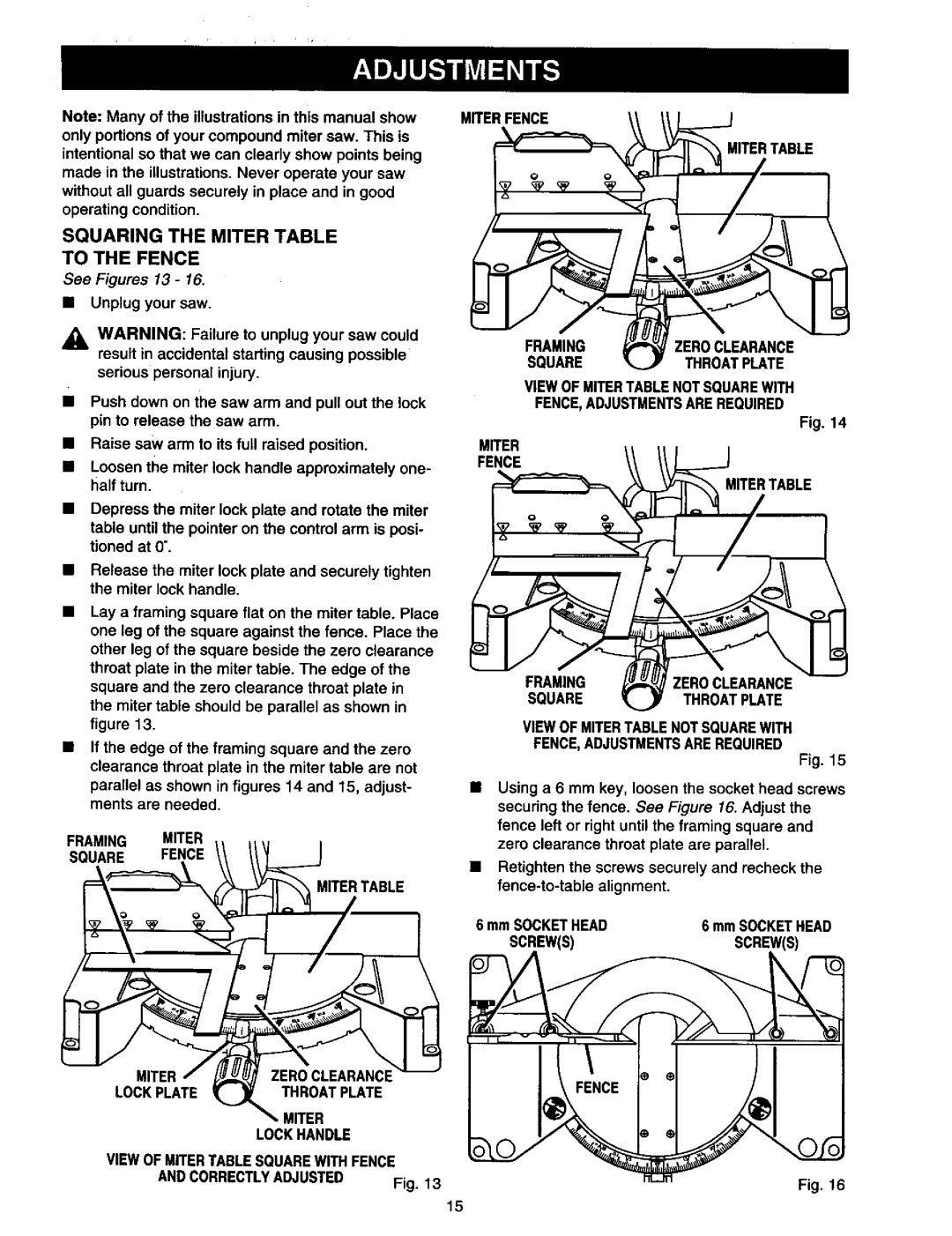 Craftsman 315.21213 manual Miter Fence, Squaring Miter Table To the Fence, Screws 