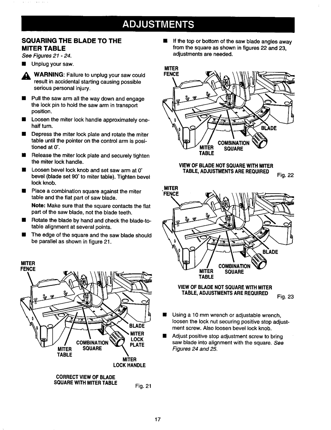 Craftsman 315.21213 manual Squaring the Blade to Miter Table, Miter Lockhandle Correctview of Blade Squarewith Mitertable 