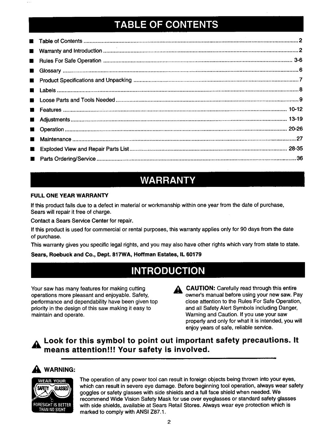 Craftsman 315.21213 manual Full ONE Year Warranty 