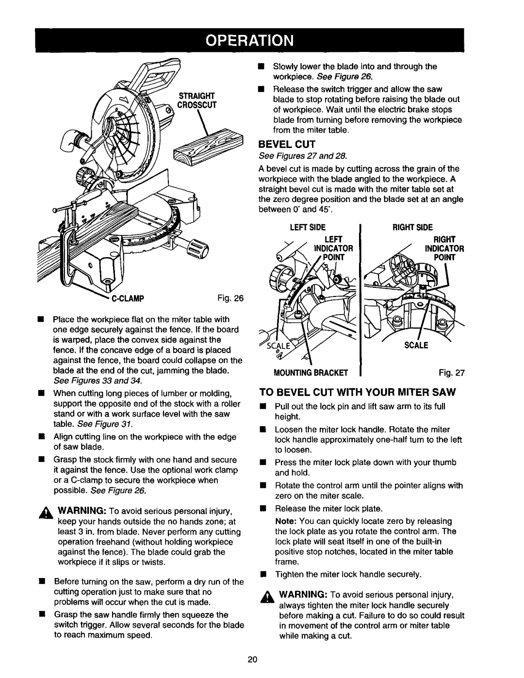 Craftsman 315.21213 manual To Bevel CUT with Your Miter SAW, Straight Crosscut Clamp 