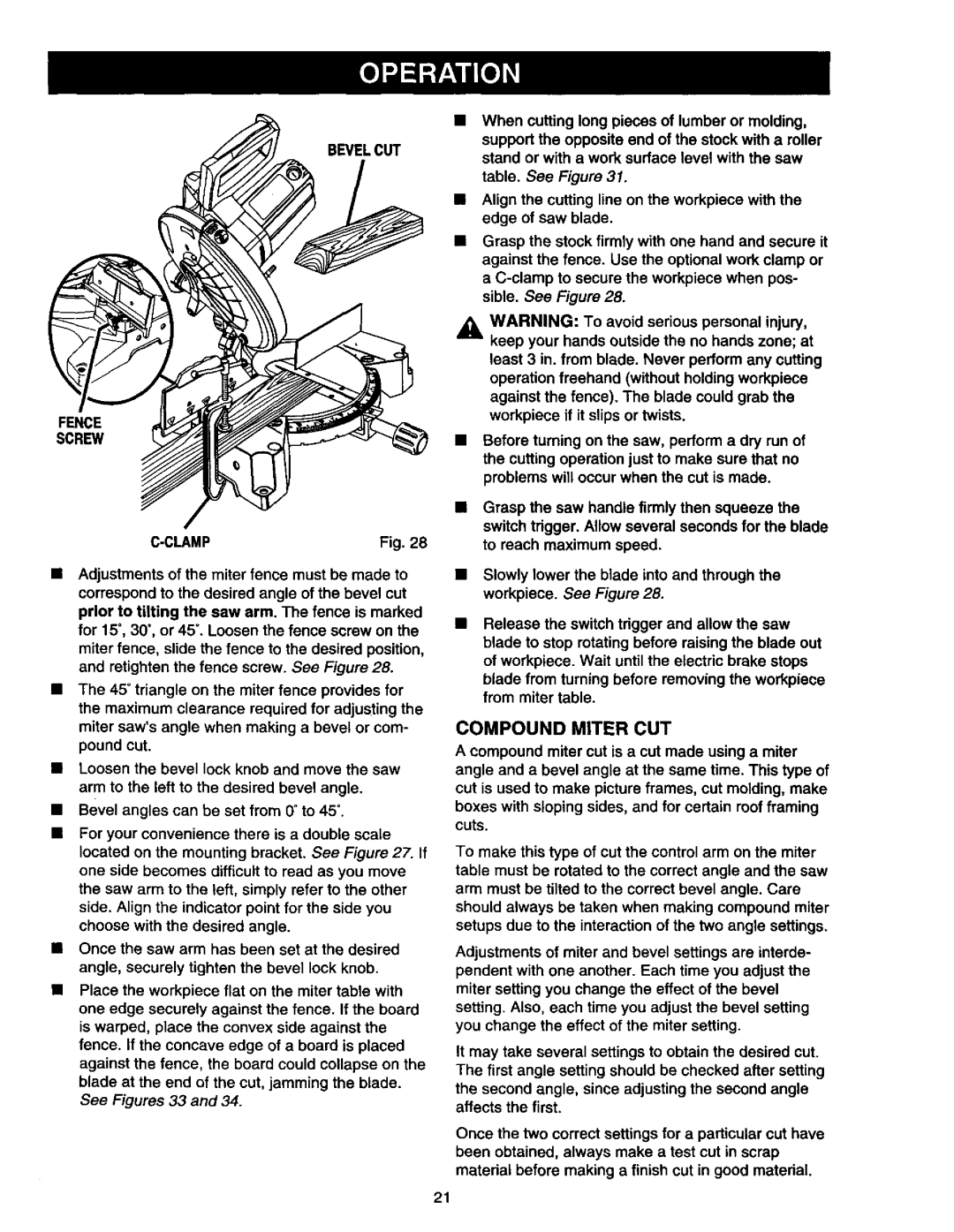 Craftsman 315.21213 manual Compound Miter CUT, Bevelcut Fence Screw Clamp 