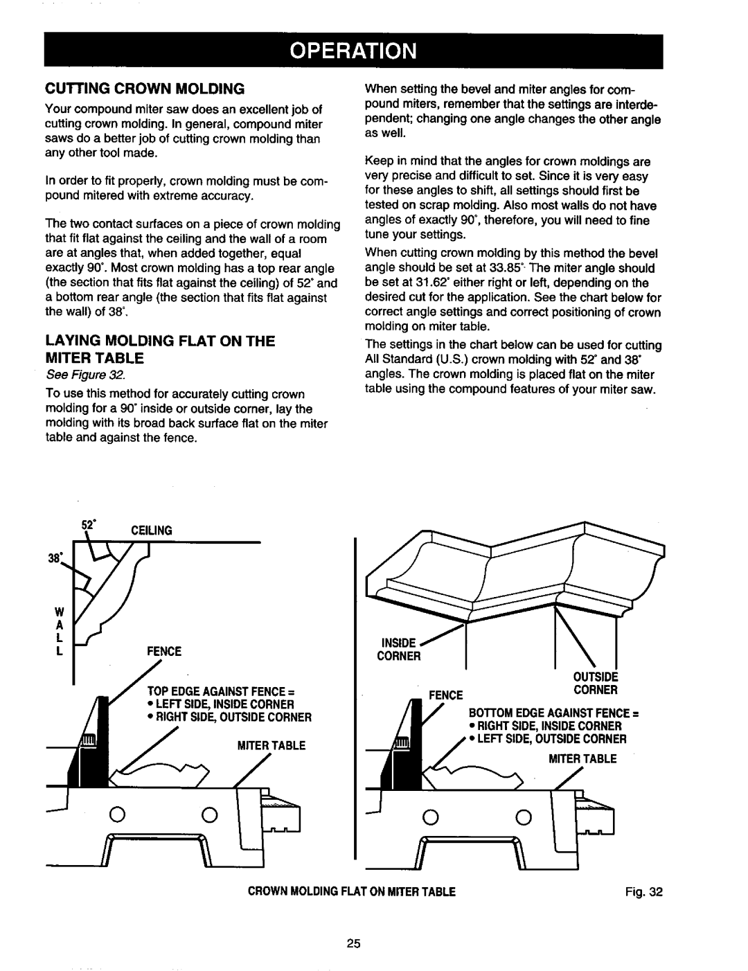 Craftsman 315.21213 manual Cutting Crown Molding, Laying Molding Flat on Miter Table 