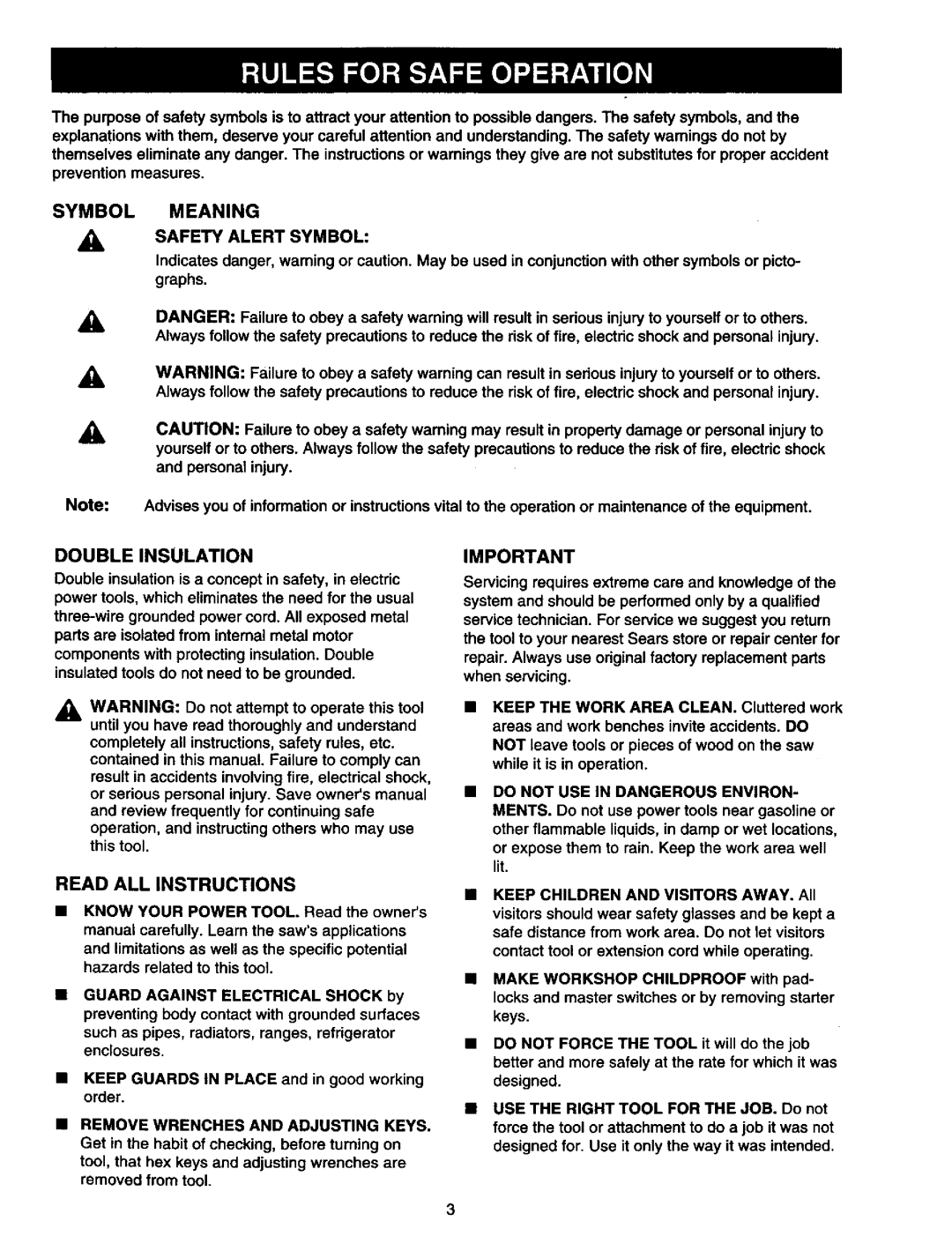 Craftsman 315.21213 manual Symbol Meaning, Double Insulation, Read ALL Instructions, Safety Alert Symbol 