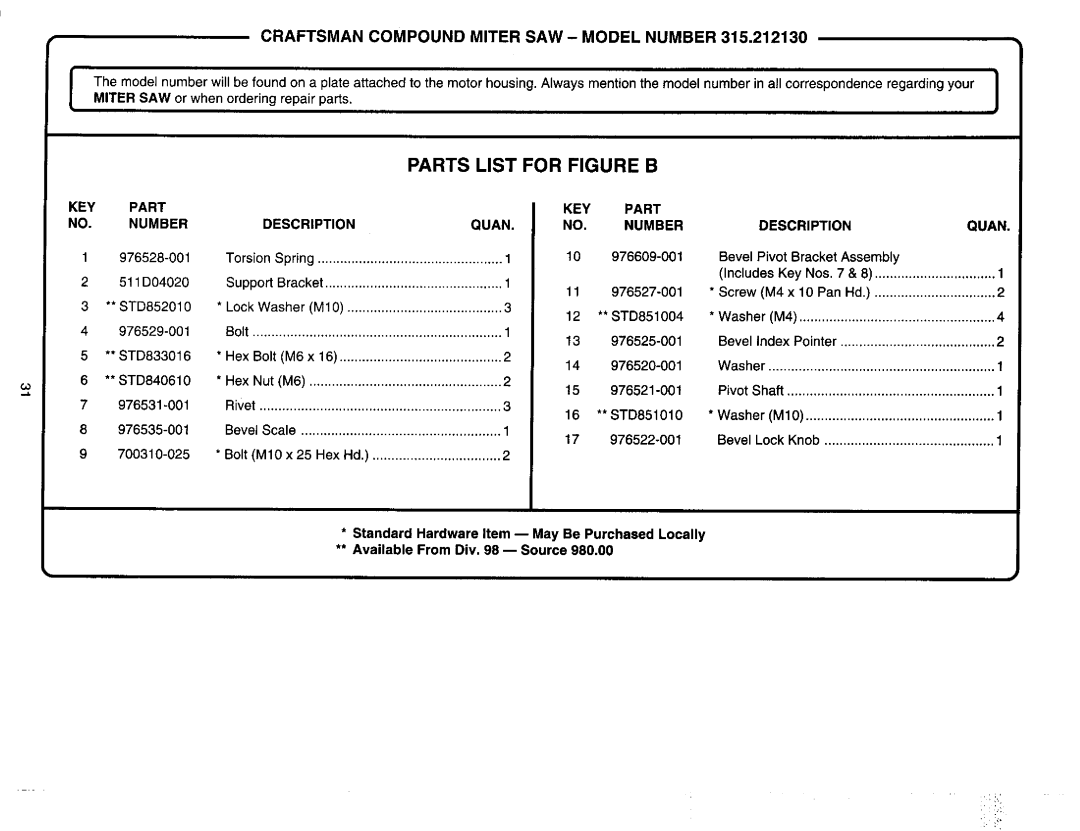 Craftsman 315.21213 manual KEY Part Number Description Quan 