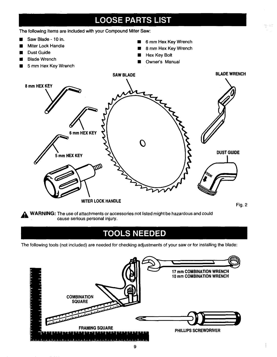 Craftsman 315.21213 manual SAW Blade Bladewrench, Dustguide, Miterlockhandle 