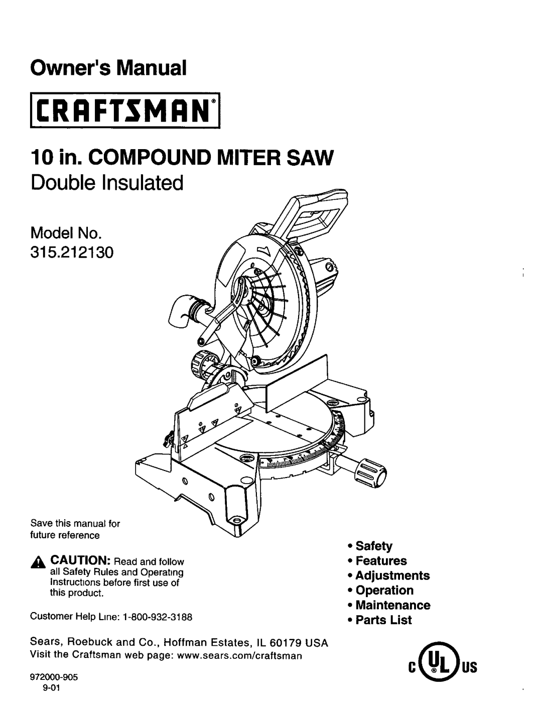 Craftsman manual Model No 315.212130, • Safety, Features, Adjustments, •Operation •Maintenance, •Parts List, 0 us 