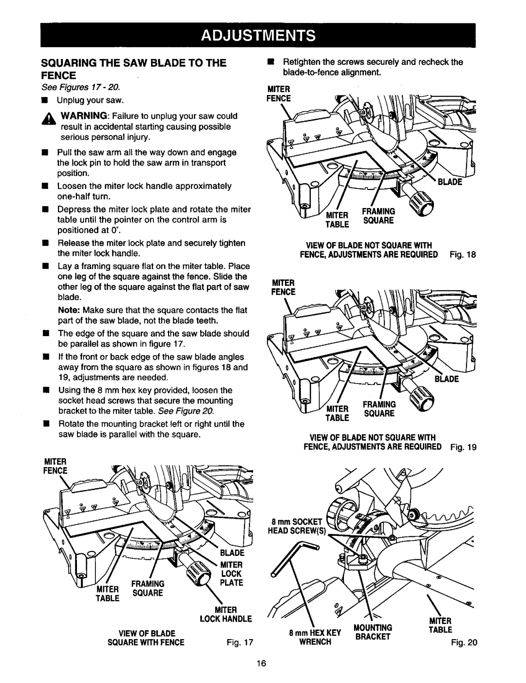 Craftsman 315.21213 manual Squaring The Saw Blade To The, Fence, See Figures 17 