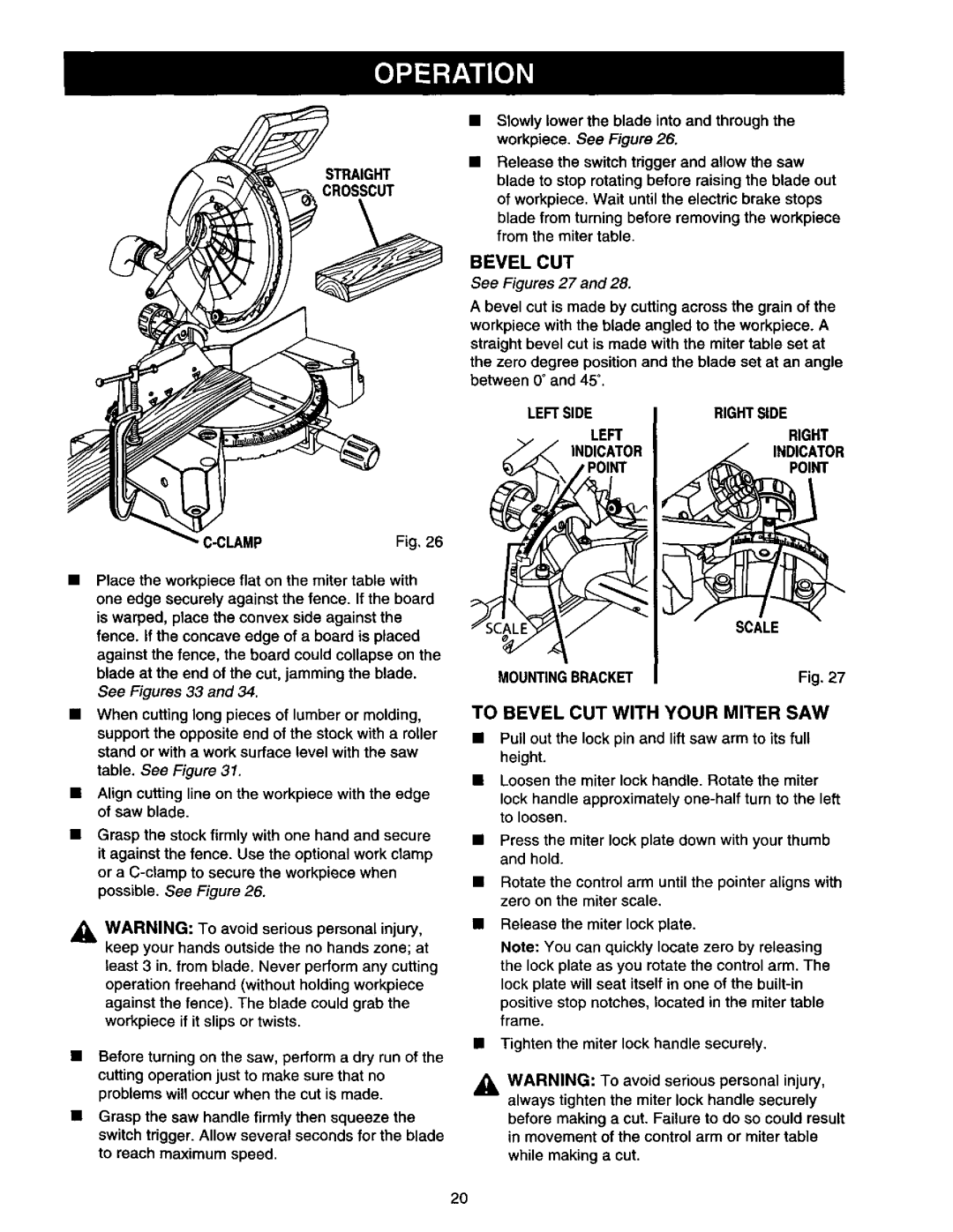Craftsman 315.21213 manual To Bevel Cut With Your Miter Saw, See Figures 27 and 