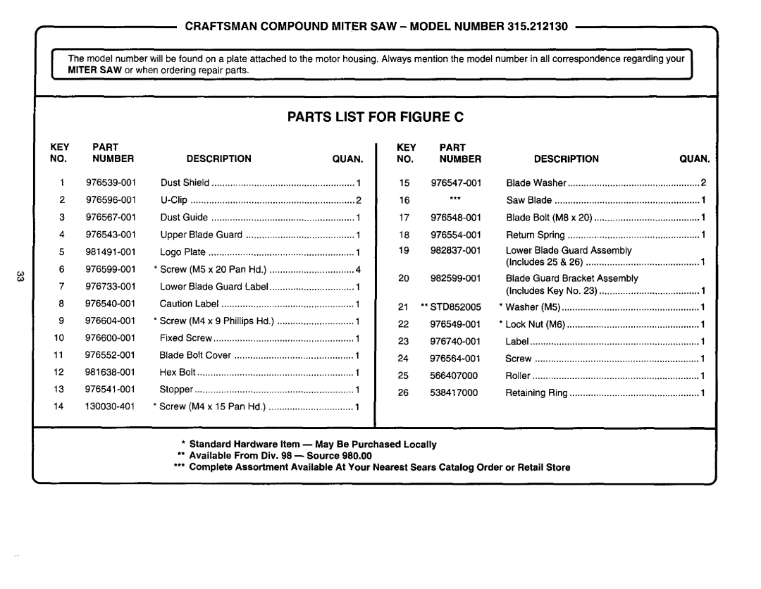 Craftsman 315.21213 Parts List For Figure C, Craftsman Compound Miter Saw - Model Number, Key Part No. Number, Description 