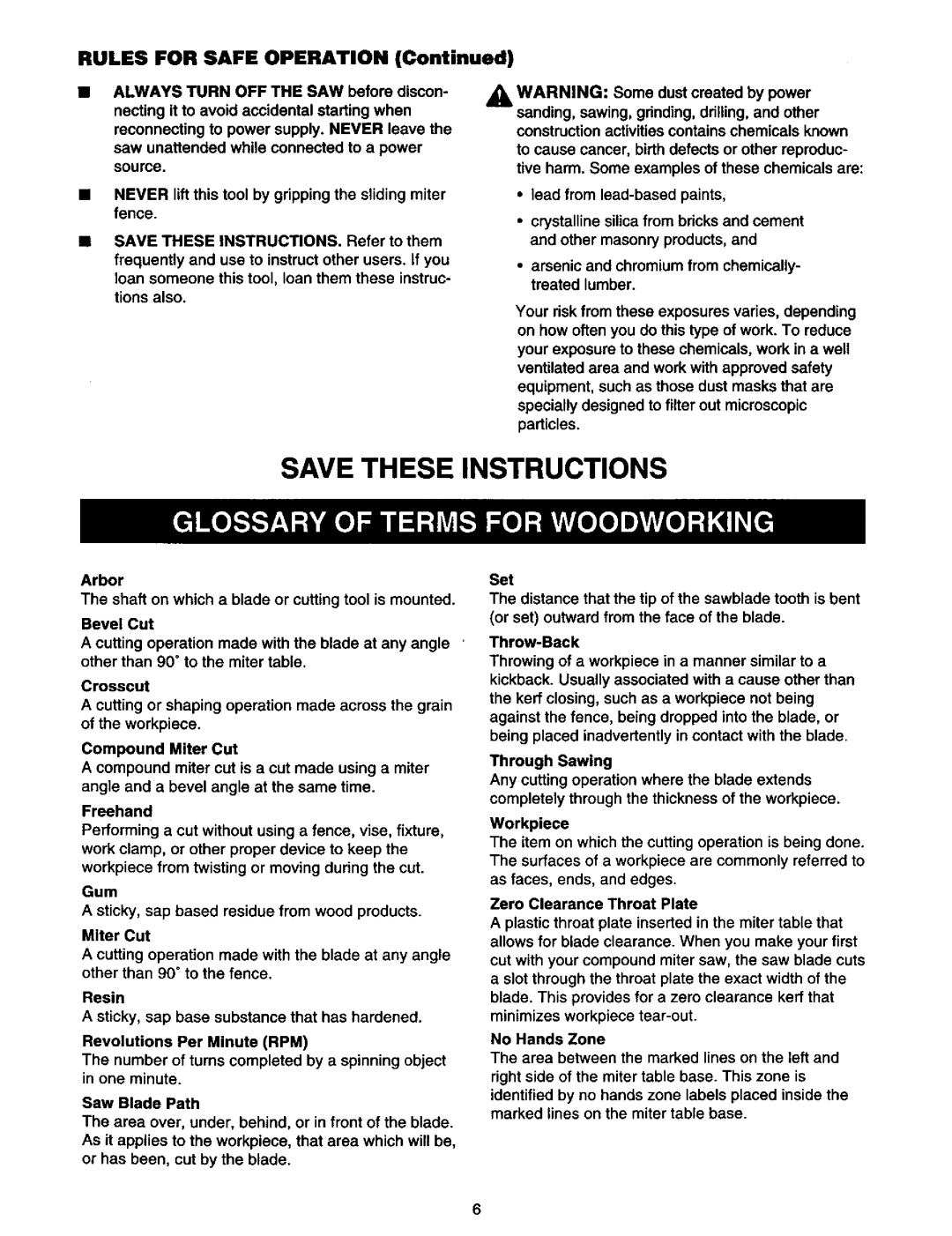 Craftsman 315.21213 manual Save These Instructions, Rules For Safe Operation, Continued 