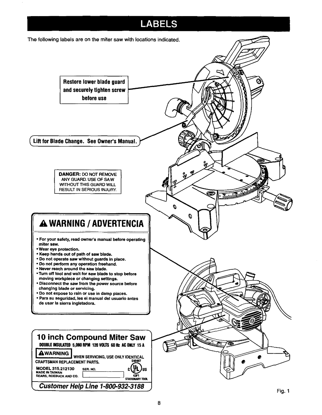 Craftsman 315.21213 manual Awarning/ Advertencia, inch Compound Miter Saw, Customer Help Line, C_ULus 