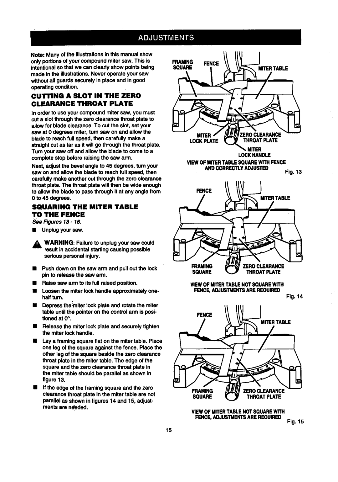 Craftsman 315.2121O0 owner manual Clearance Throat Plate, Squaring the Miter Table to the Fence, See Figures 13 