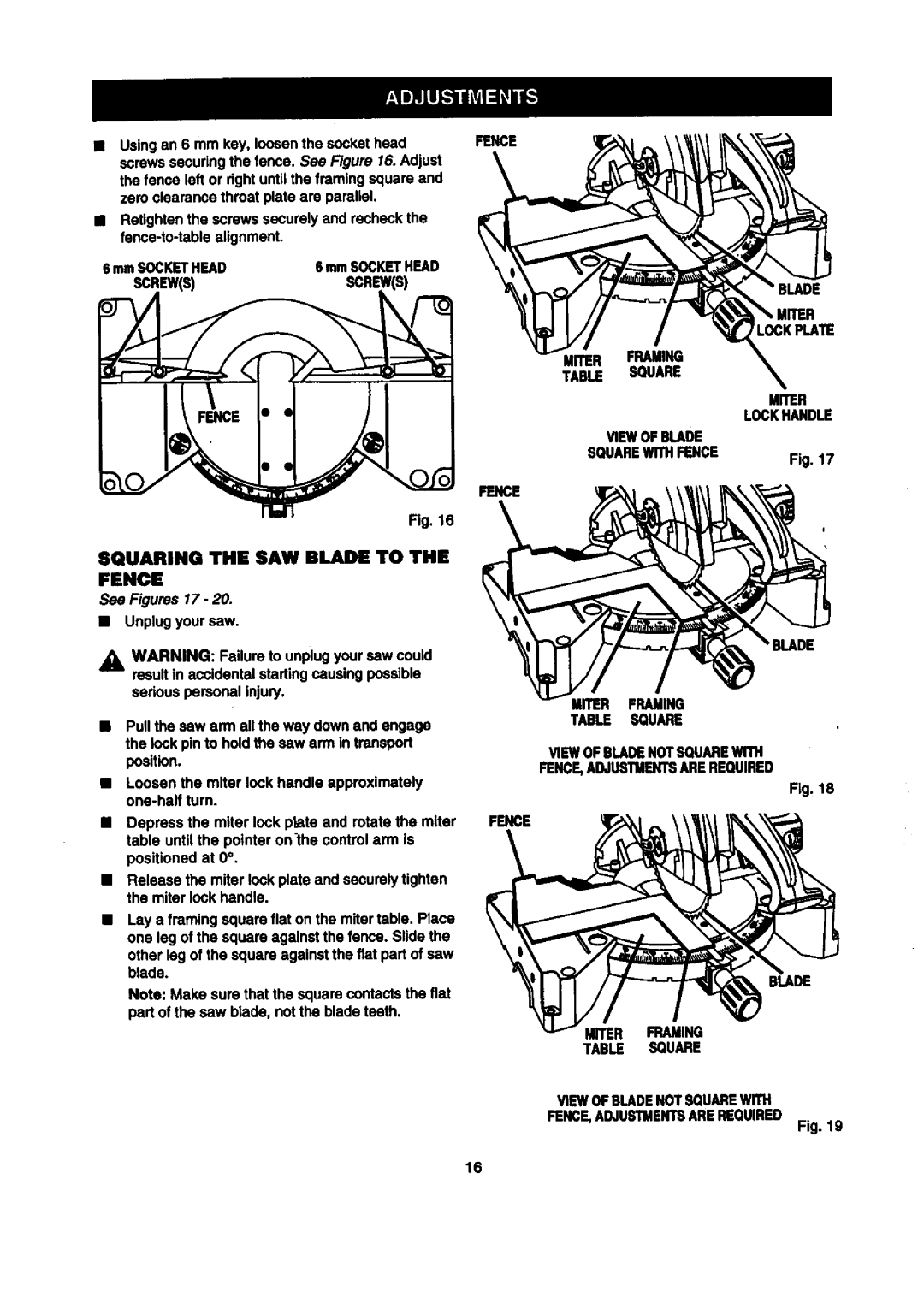 Craftsman 315.2121O0 owner manual See Figures 17, Viewofblade Squarewithfence Fence 