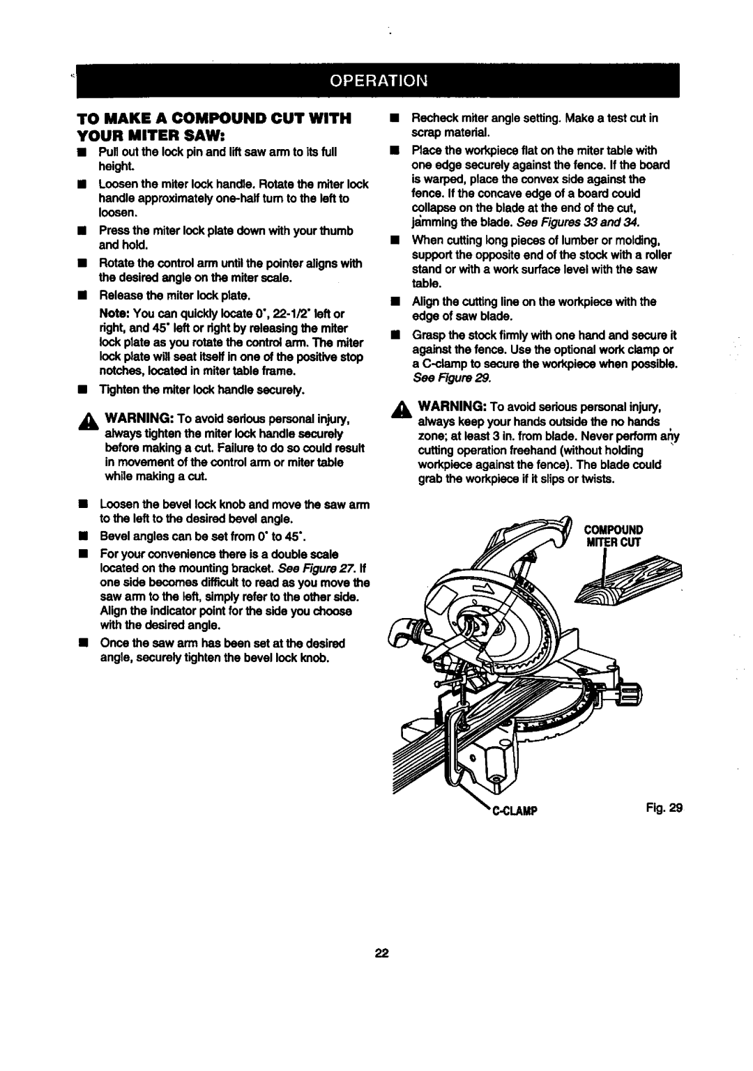 Craftsman 315.2121O0 To Make a Compound CUT with Your Miter SAW, Jmmingthe blade. See Figures33, Compound Mitercut 