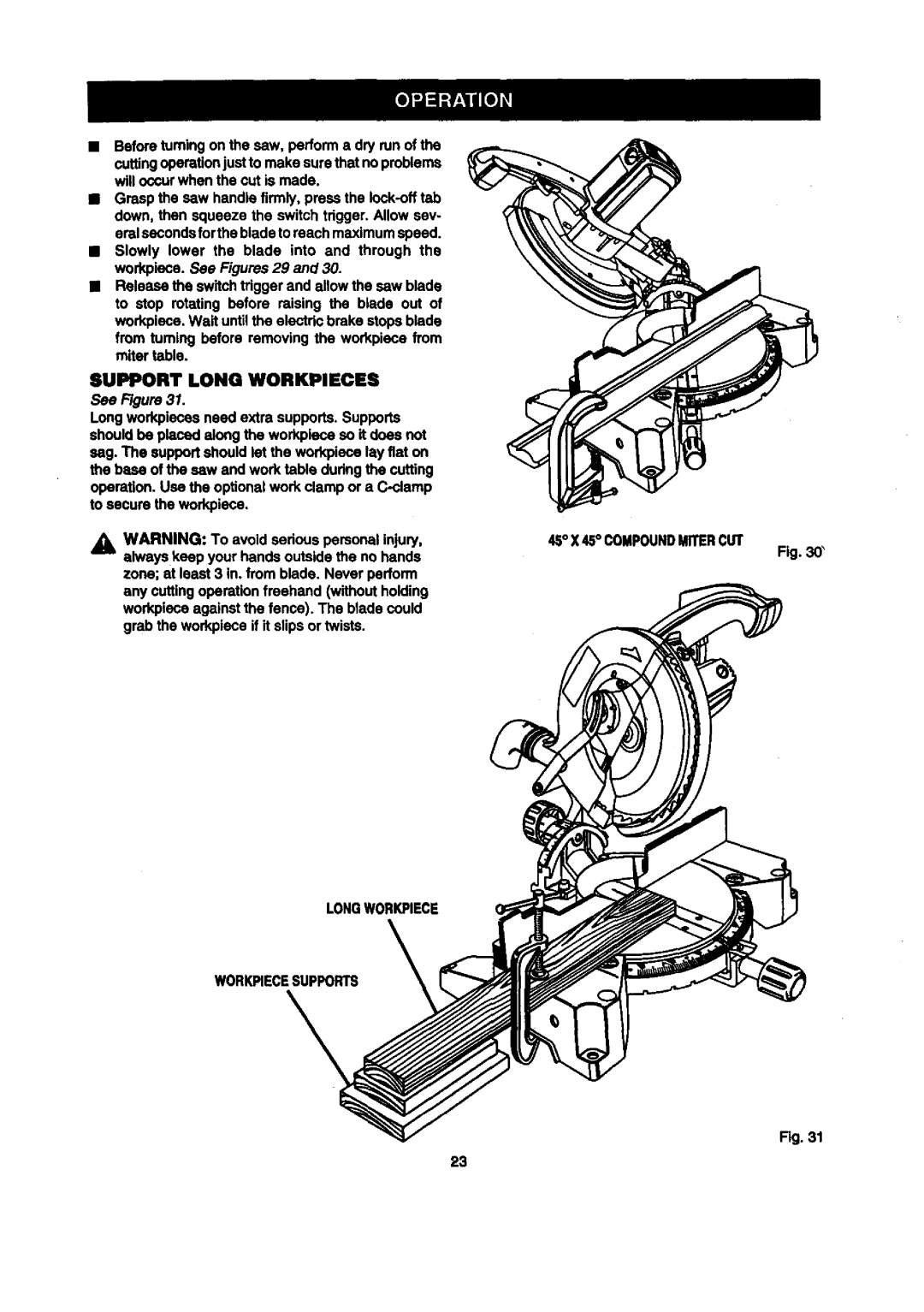 Craftsman 315.2121O0 owner manual Longworkpiece Workpiecesupports 45 X 45 Compoundmitercut 