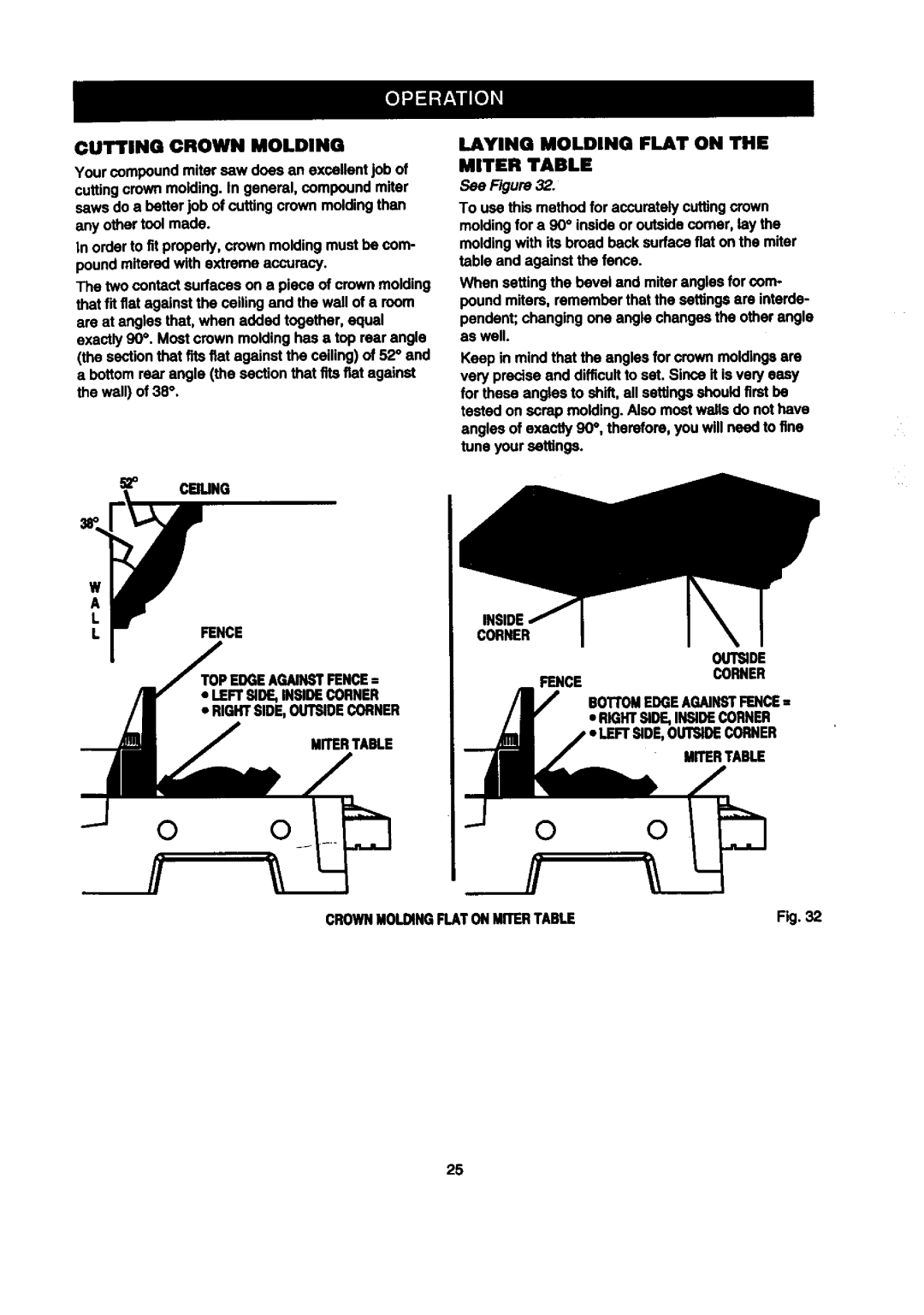 Craftsman 315.2121O0 owner manual Cutting Crown Molding, Ceiung, Leftside,Insidecorner Rightside,Outsidecorner 