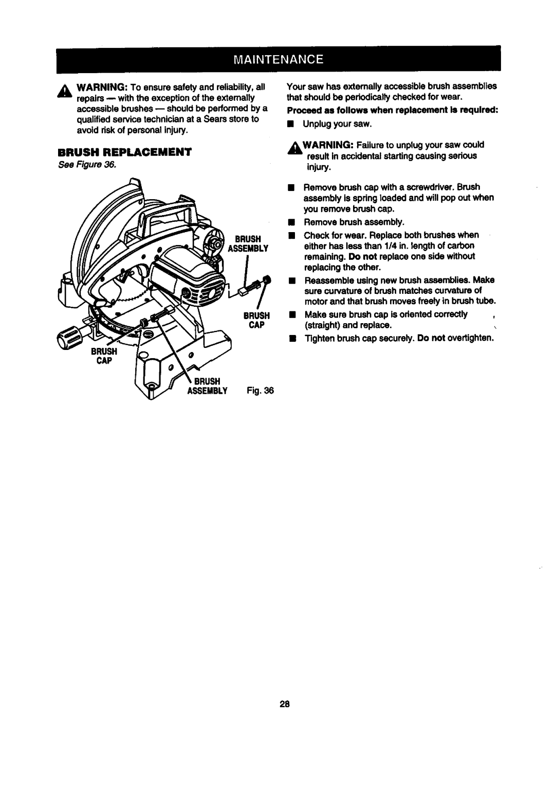 Craftsman 315.2121O0 owner manual Brush Replacement, Brush Assembly CAP 